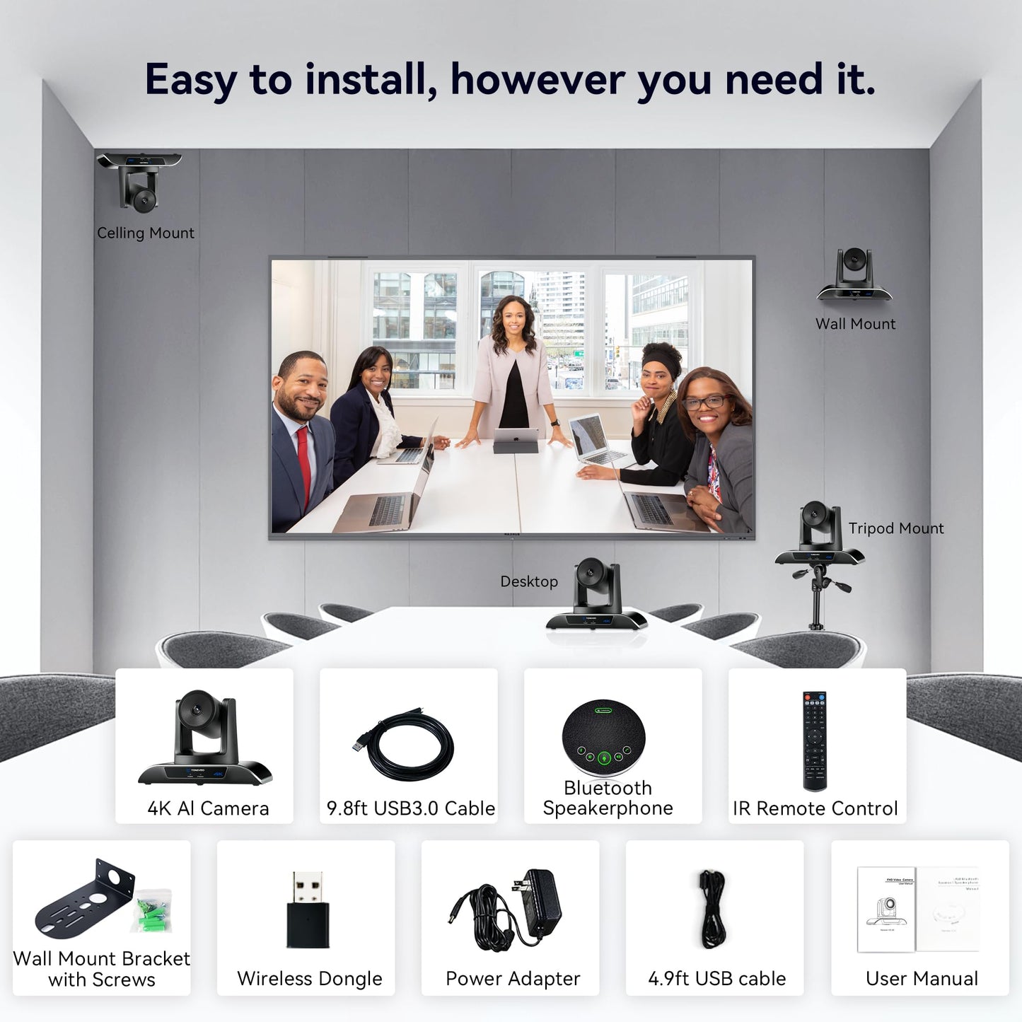TONGVEO 4K Conference Room Camera System with Gesture Control, AI Auto-Tracking PTZ Camera 5X Digital Zoom with Speakerphone Set 120ยฐ Wide-Angle USB3.0 for Remote Meetings Zoom Teams OBS and More