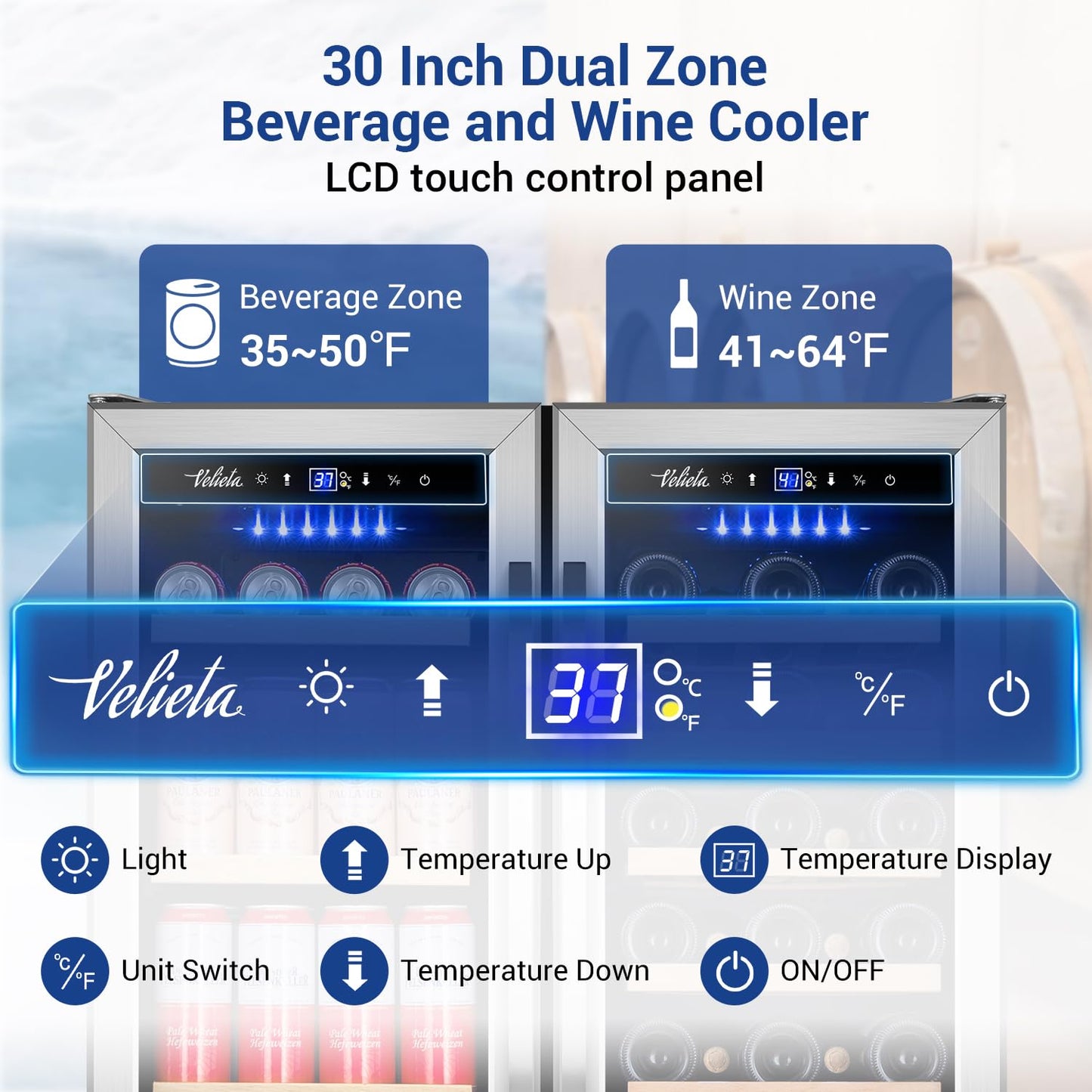 Velieta Wine and Beverage Refrigerator 30 Inch, Upgrade Dual Zone Wine Cooler, 30'' Wine beverage Fridge Built in or Freestanding Under Counter Large Capacity Glass Door Advanced Cooling System