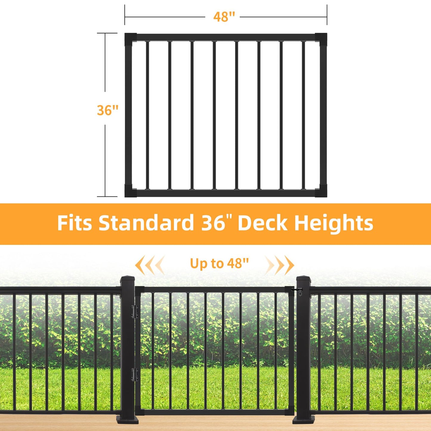 Deck Gate Outoor, 36''Hx48''W Black Heavy Duty Steel Anti-Rust Fence Door with Customizable Width, Easy Installation Metal Gate for Residential, Yard, Patio (No Hinge)