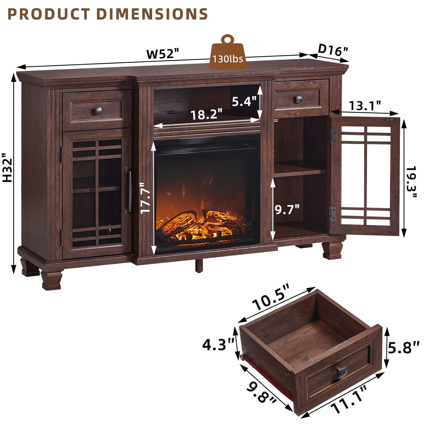 SAVOR LIFE 52" Fireplace TV Stand with 18”Silent Electric Fireplace, Farmhouse Entertainment Center for TVs up to 65", 2 Drawers TV Console with Glass Door Cabinet, Walnut TVs Cabinet for Living Room