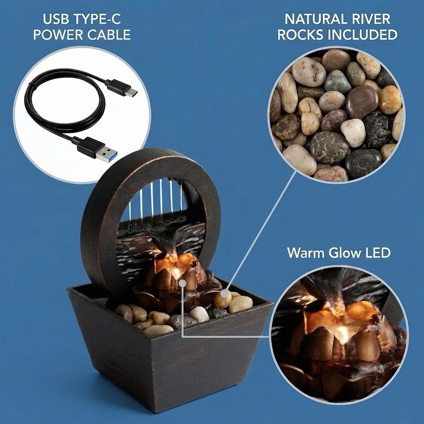 USB Tabletop Water Fountain with Warm Yellow LED β Compact Indoor Fountain with Real River Stones β Quiet Desktop Waterfall for Office, Bedroom, Yoga, Meditation β Bronze