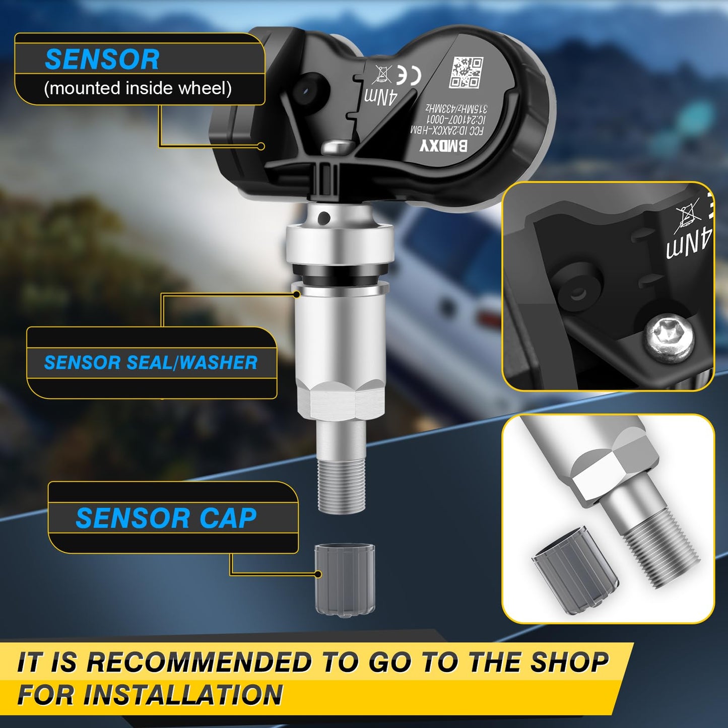 GEARMEISTER TPMS Sensor Multi-Protocol Tire Pressure Sensors Fit for BMW 315MHz & 433MHz Snap-in Tire Pressure Monitoring System Replace 36236781847 36236779490 36106877934 RDE008 4 Pack