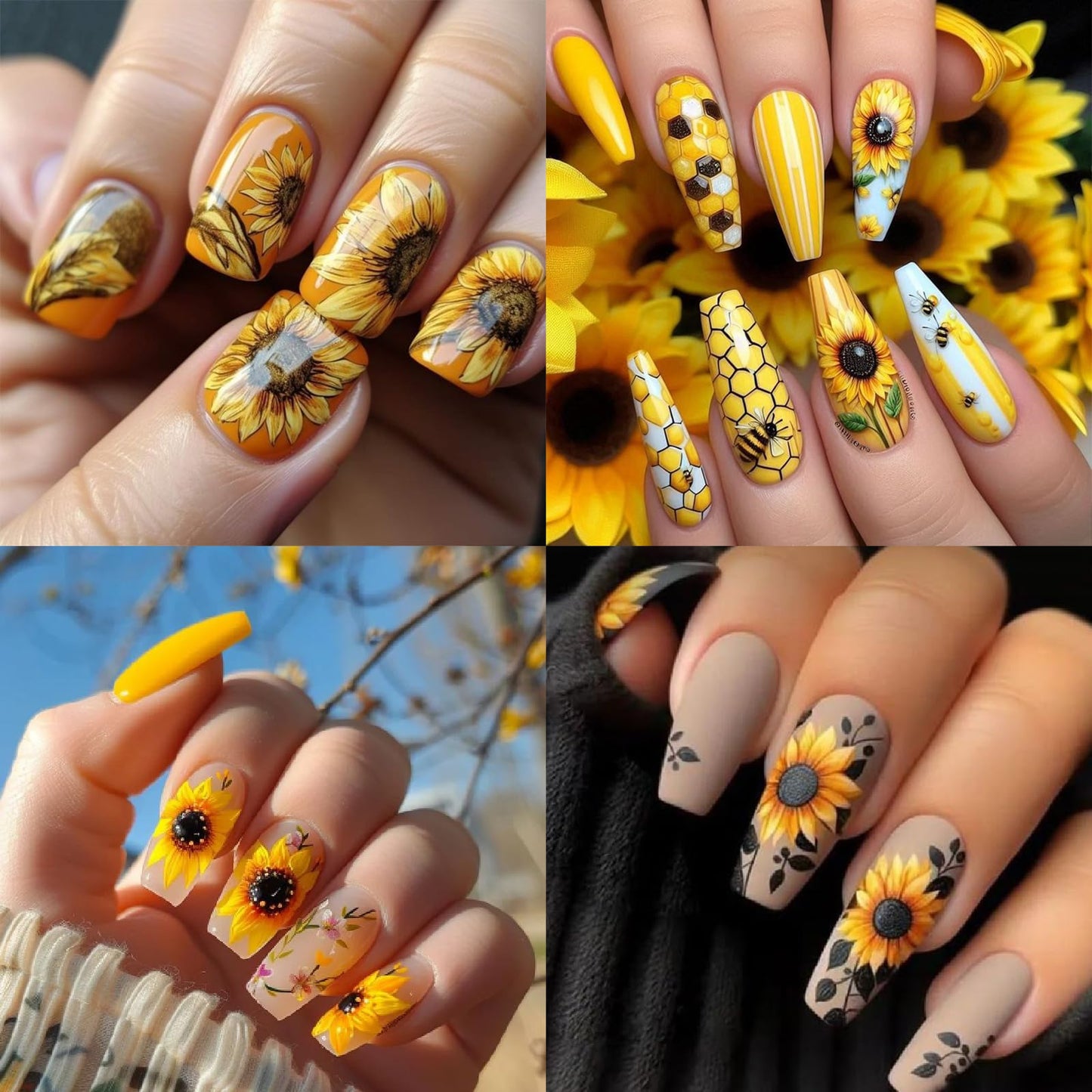 8Sheet Spring Summer Sunflower Nail Art Stickers Yellow Floral Nail Stickers 3D Self-Adhesive Letter Nail Decal, Yellow Flower Butterfly Bee Nail Designs for Women Manicure Decoration Nail Supplies