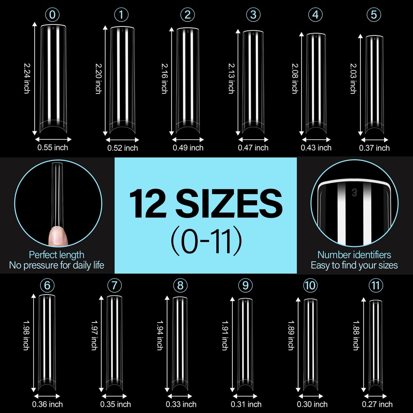 TOMICCA 3XL Extra Long Square Nail Tips No C Curve, 504PCS Half Cover Clear Acrylic False Nails, Straight Flat Fake Nail Tips for Acrylic Gel Manicure, Professional Salon & Home DIY 12 Sizes
