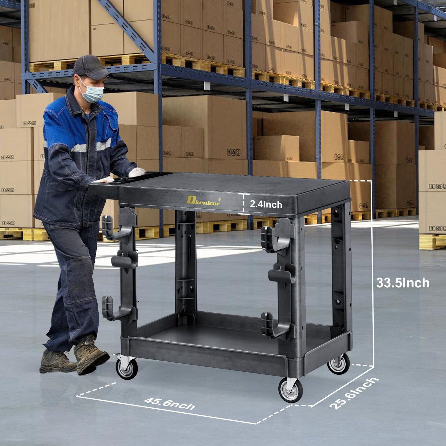 850LBS Large Heavy Duty Plastic Utility Cart, 42.5×25" Flat Top Service Cart With Full Swivel Wheels (2 With Brakes) & 2 Side Tube Holder Hook,2 Tier Work Cart For Office/Garden/Warehouse/Garage Black