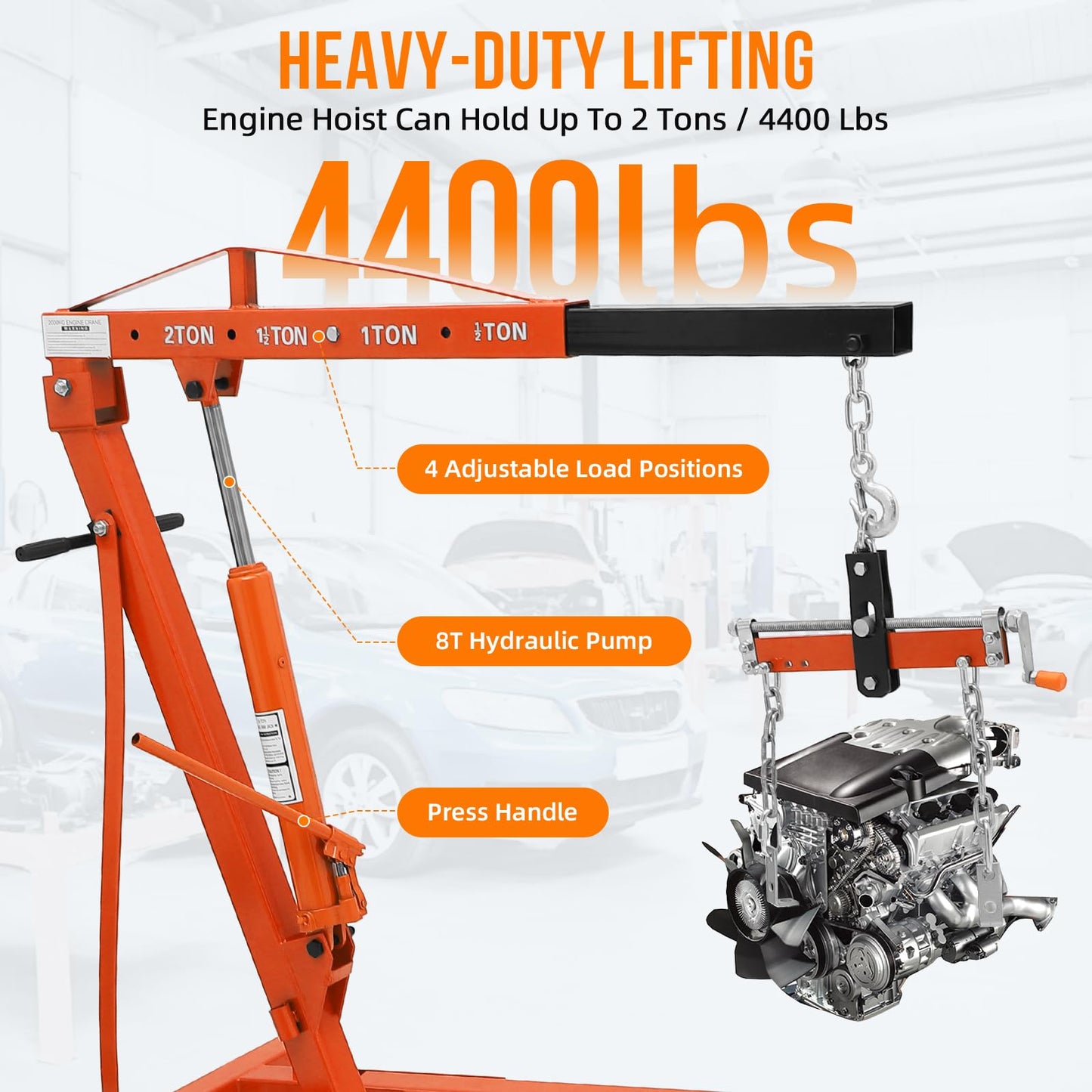 DEXSO 2 Ton Folding Hydraulic Engine Hoist with Lever, Folding Engine Shop Crane Hoist Lift, Heavy Cherry Picker with 6 Wheels for Garage, Workshop,Orange