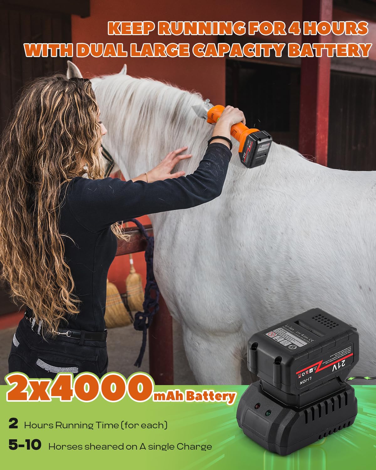 Luzrise Horse Clippers Cordless, Heavy Duty Horse Grooming Kit, 6-Speed Professional Livestock Clippers with 2PCS 21V 4Ah Lithium Battery for Shaving Horse Pony Cattle Large Dogs