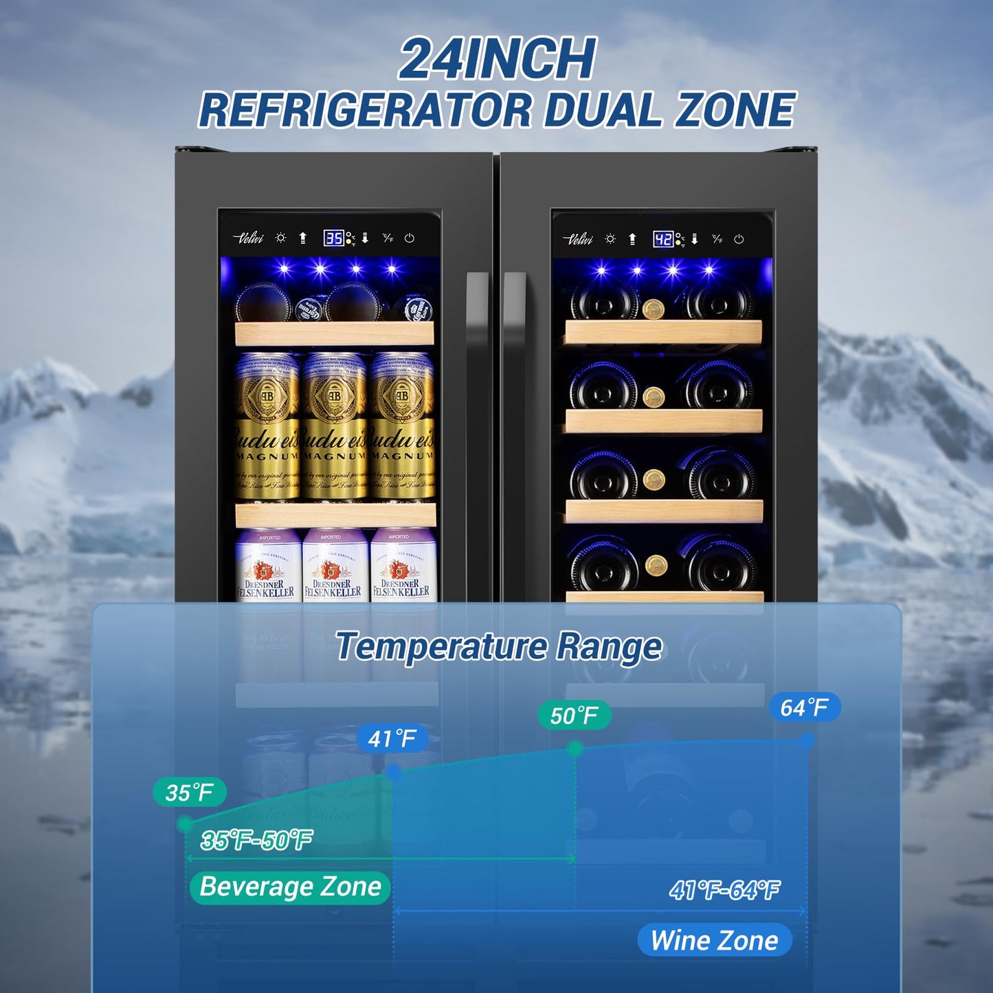 Velivi 24" Black Dual Zone Wine & Beverage Refrigerator | Under Counter Built-In or Freestanding | 18 Bottles & 68 Cans | Glass Door with Lock Large Capacity for Beer Wine Soda Drinks