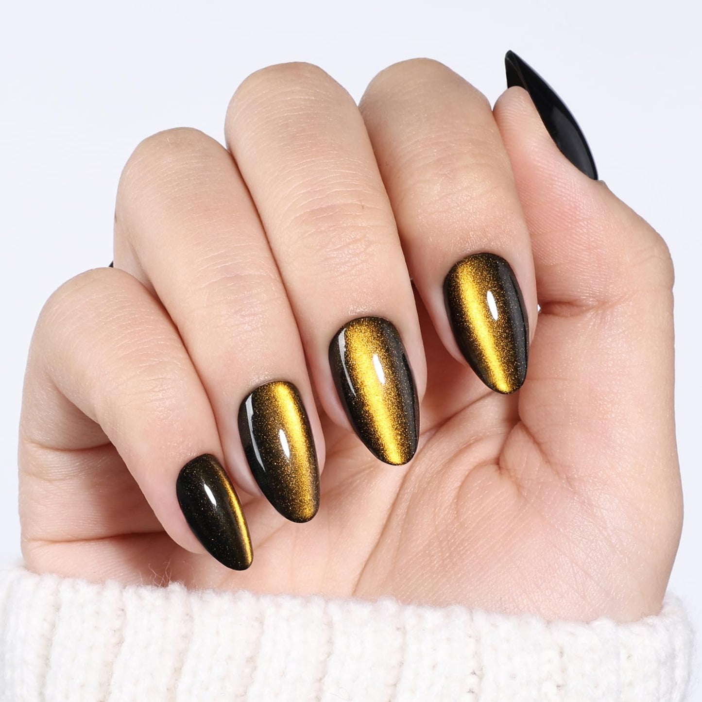 Gold Cat Eye Press On Nails - Gold Short Almond Fake Nails, Cateye Press On Nails Reusable Stick On Nails in 16 Sizes, 32pcs False Nail Kit for Women & Girls (Golden Cat Eye)