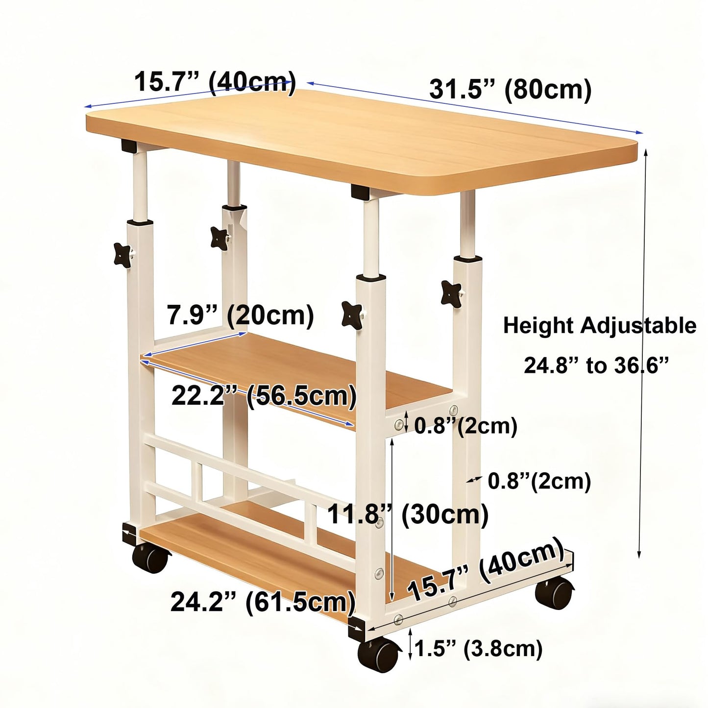 VebaCidi Medical Overbed Bedside Table with Two Shelves and Wheels (Hospital and Home Use), 31 1/2" Desk with Non Tilt Wooden Top, Adjustable Height (Walnut)