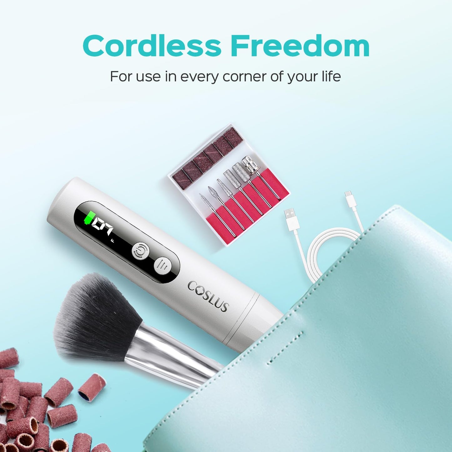 COSLUS C52 Electric Cordless Nail Drill: Professional Nail File kit with LED Screen for Acrylic Gel Powder. Portable for Home DIY & Salon Use. Manicure Pedicure for Beginners, Women, Travel, Gray