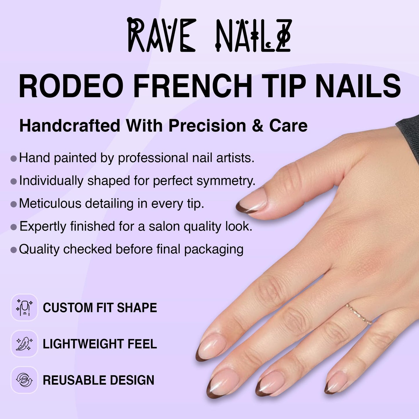 Rave Nailz Rodeo French Tip Press On Nails (24 Count) | Natural Base 3D False Oval Press On Nails Short with Brown Tip | Chip-Resistant Fake Nails with Glue, Includes File, Long-Lasting 2+ Weeks
