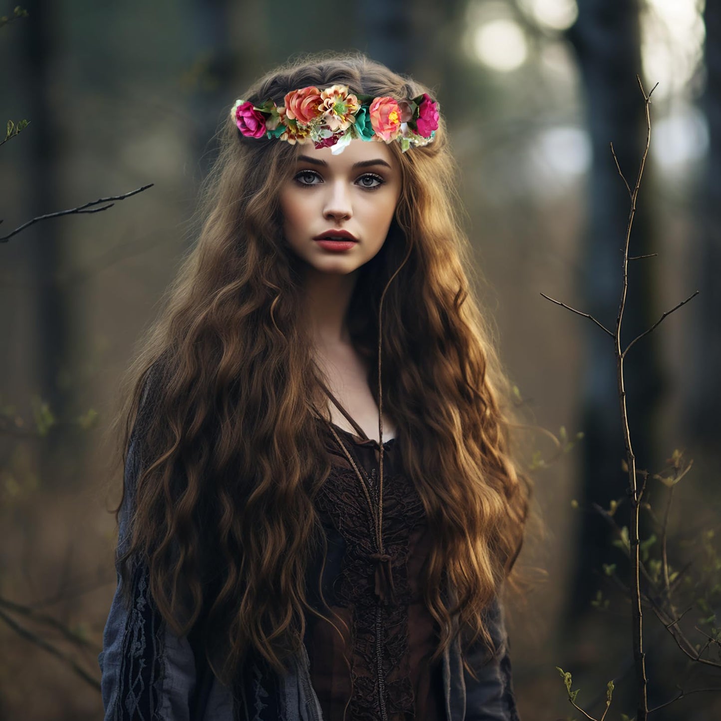 LLinfflr Women Floral Crown Flower Garland Headband Hair Wreath Floral Halo Headpiece Boho with Ribbon Wedding Party Photos