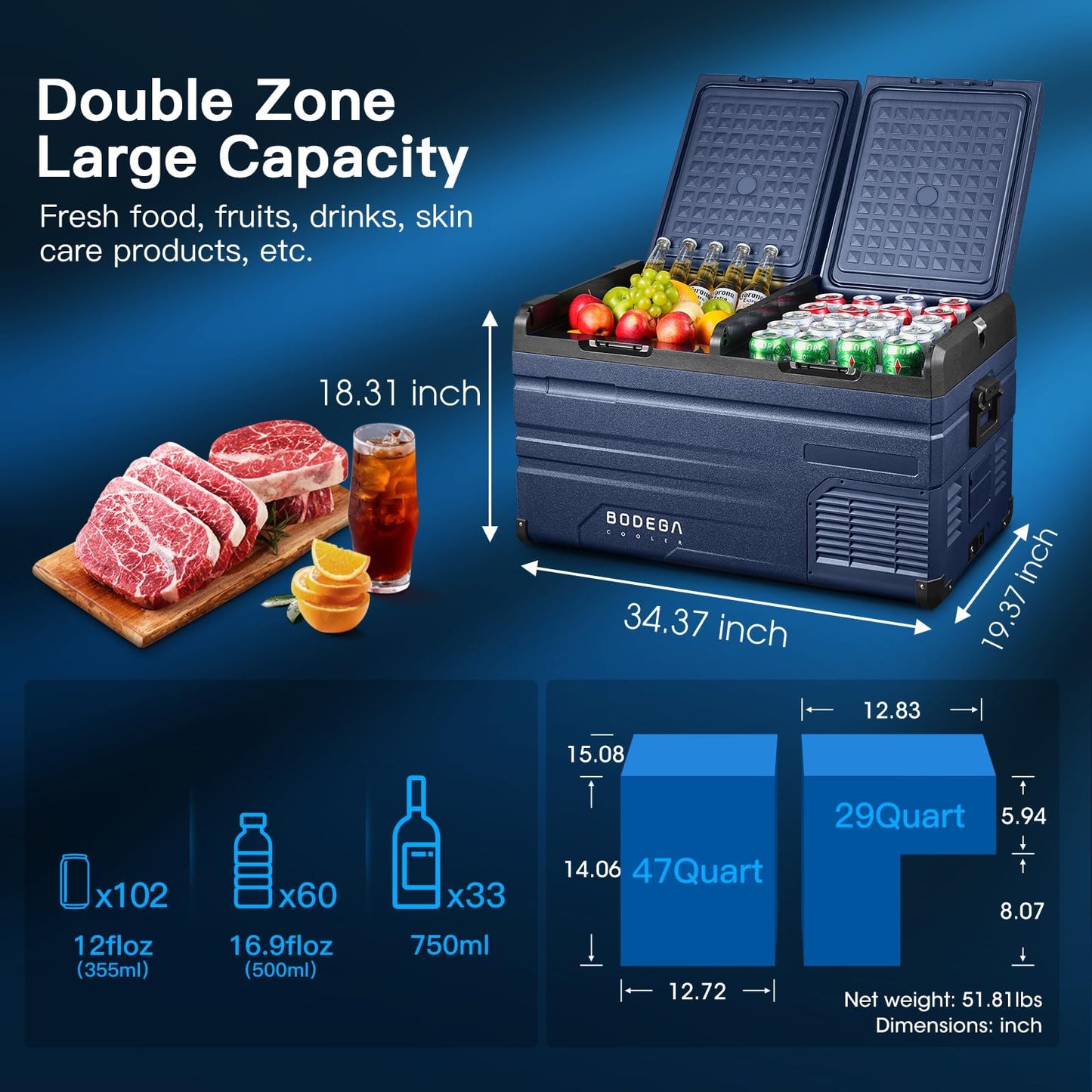 BODEGACOOLER 12 Volt Car Refrigerator,Dual Zone APP Control, Designed with Removable 2-Way Door Portable Freezer,75 Quart-4℉-68℉ RV Electric Cooler 12/24V DC and 100-240V AC for Camping,Travel,RV