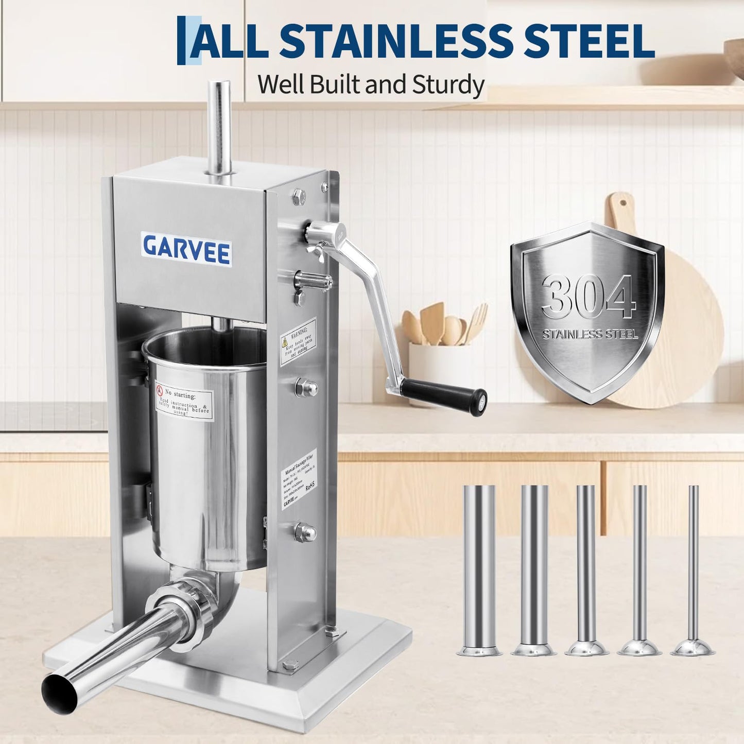 Garvee 7LB/3L Sausage Stuffer - 304 Stainless Steel Manual Sausage Maker with 2-Speed Gear & Torque Adjustment - Includes 5 Filling Tubes & Cleaning Kit for Home and Commercial Use