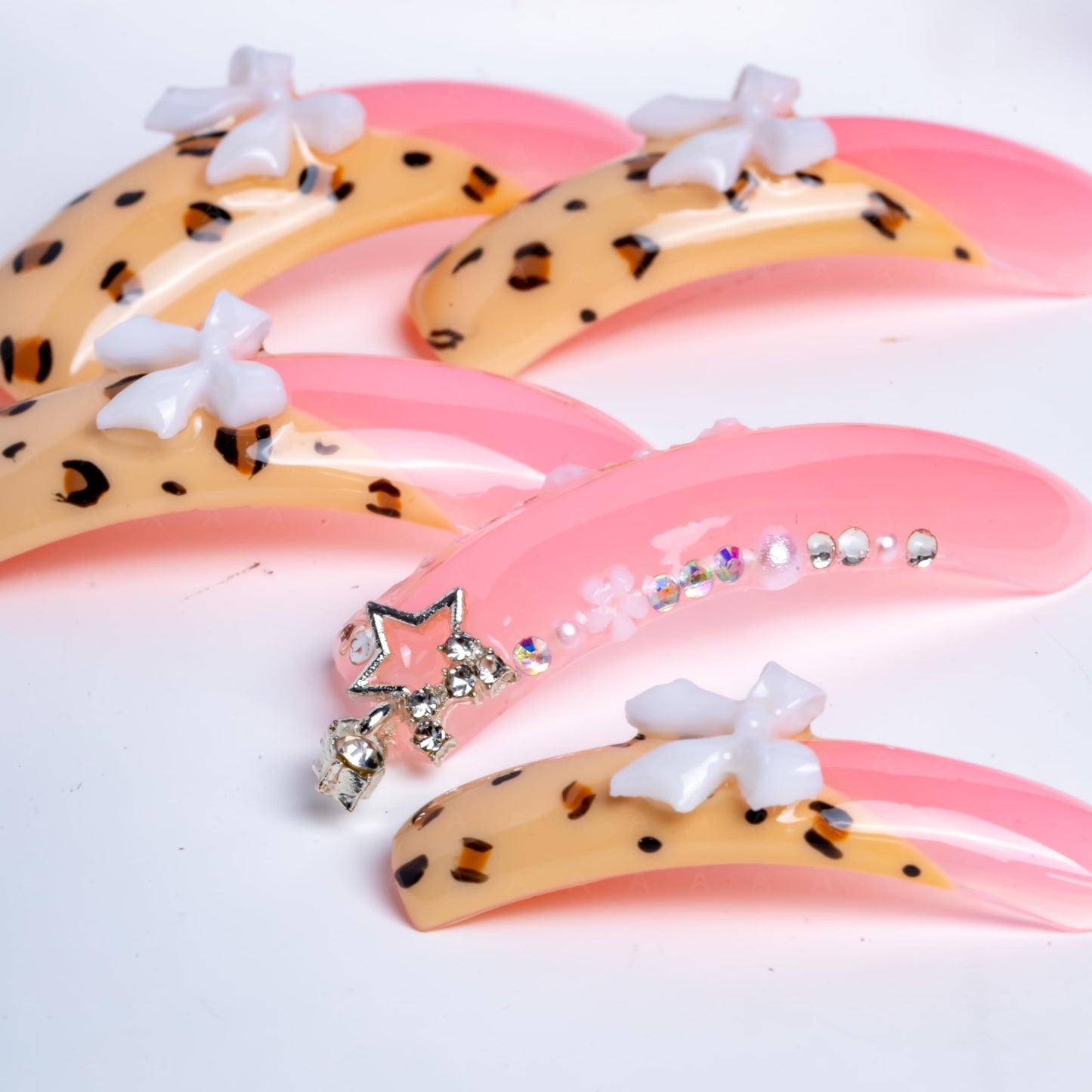 IntoVibes 10 Pieces Handmade Luxury Long Press On Nails With Curved Design, Bowknot And Leopard Prints, Pink Thickened False Nails, Reusable Fake Nails, Square Acrylic Nails (S)
