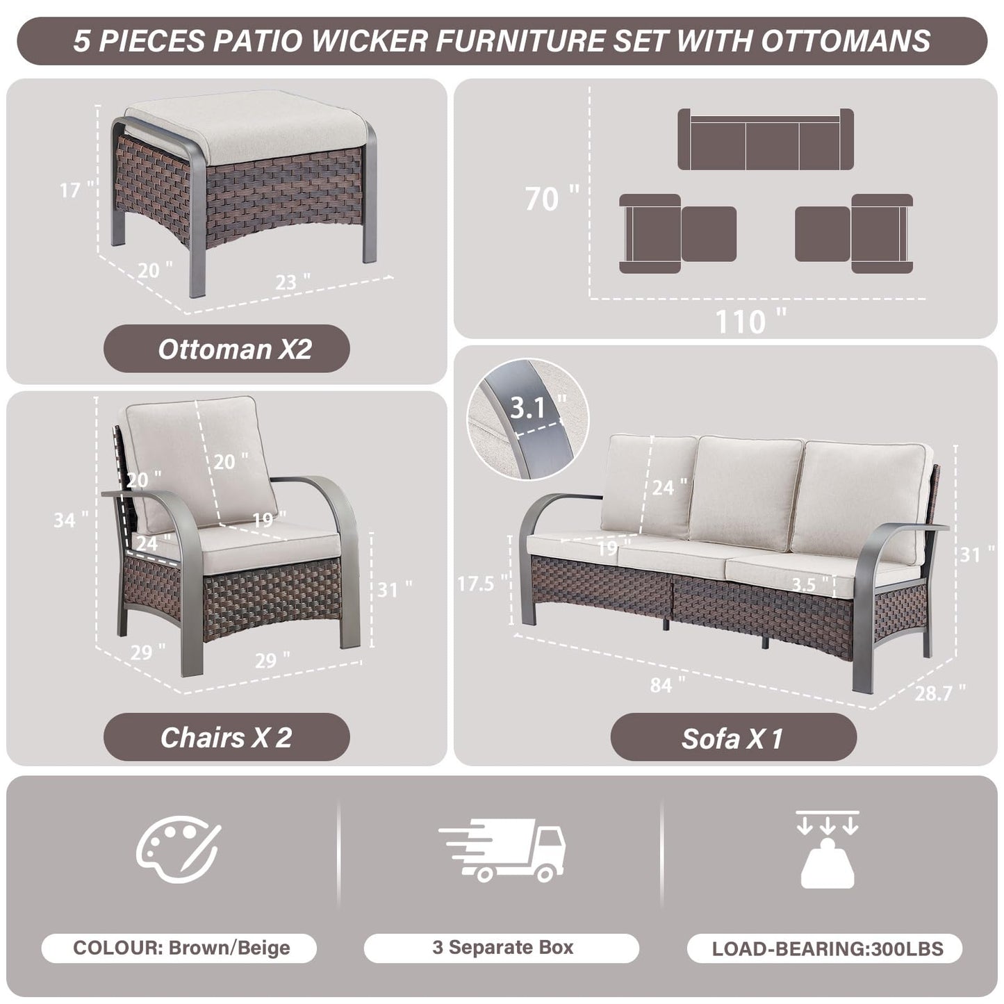 Belord 5 Piece Outdoor Wicker Furniture Set, High Back Deep Seating Patio Sofa Set with Metal Armrests Rattan Chairs, and Ottomans for Porch Deck Sunroom Backyard