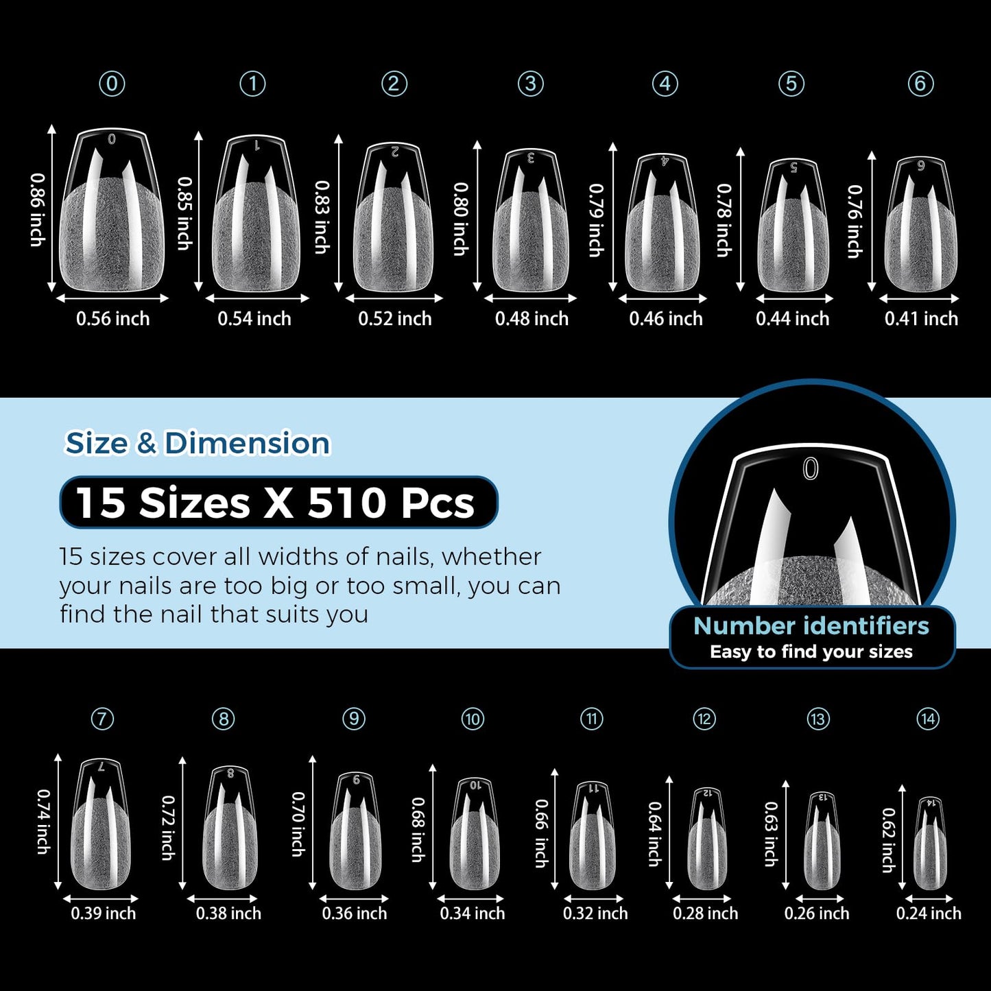TOMICCA Short Coffin Nails 510Pcs 15 Sizes Pre Shaped Half Matte Acrylic Fake Nails Clear Press On Nails for Manicure Salon for Women