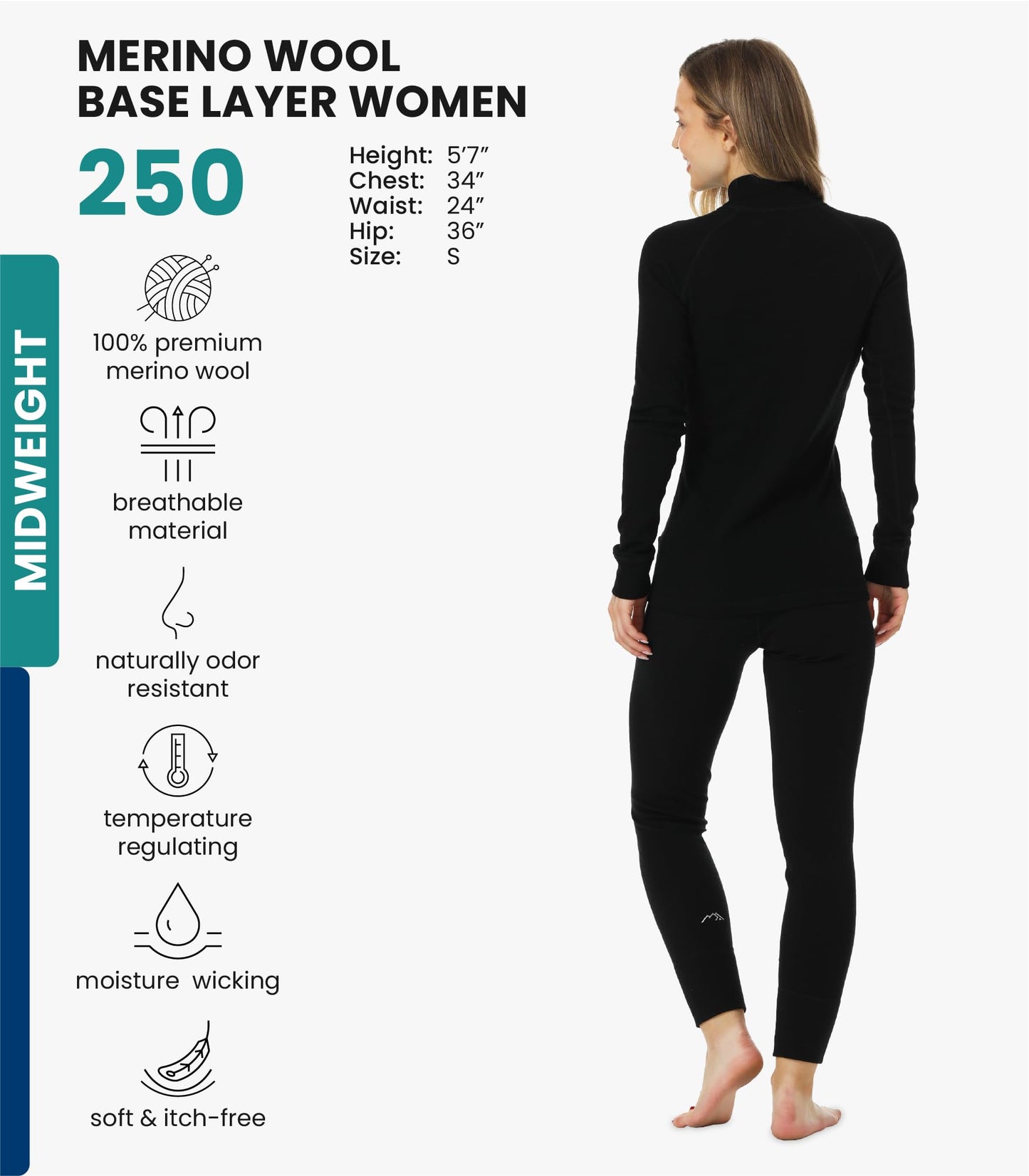 Merino.tech Merino Wool Base Layer Women Set - Heavyweight, Lite, Midweight Merino Thermal Underwear For Women Top, Bottom (Large, 250 Black Zip-up Set)