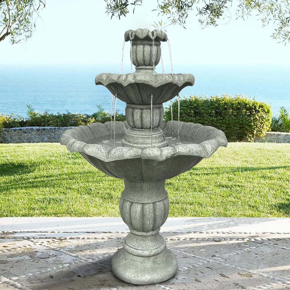 ourrco 39.3” H Outdoor Floor Water Fountain, 3-Tiers Concrete Water Fountain with Submersible Electric Pump - Garden Cascading Waterfall for Yard Patio Lawn Home Decor
