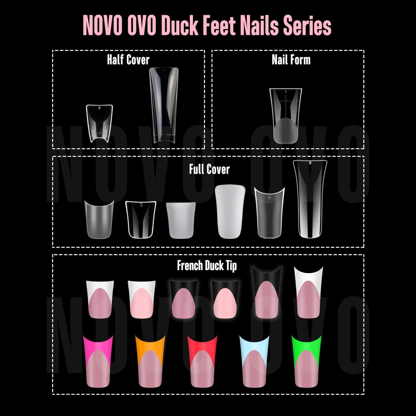 NOVO OVO Halloween Duck Nail White French Tips Press On BROWN PINK with Moon Curve, Medium Extra Thick Full Cover Acrylic,Pre-Etched Wide Soft Gel False Nail Extension for Salon DIY x 15 Sizes 150 pcs