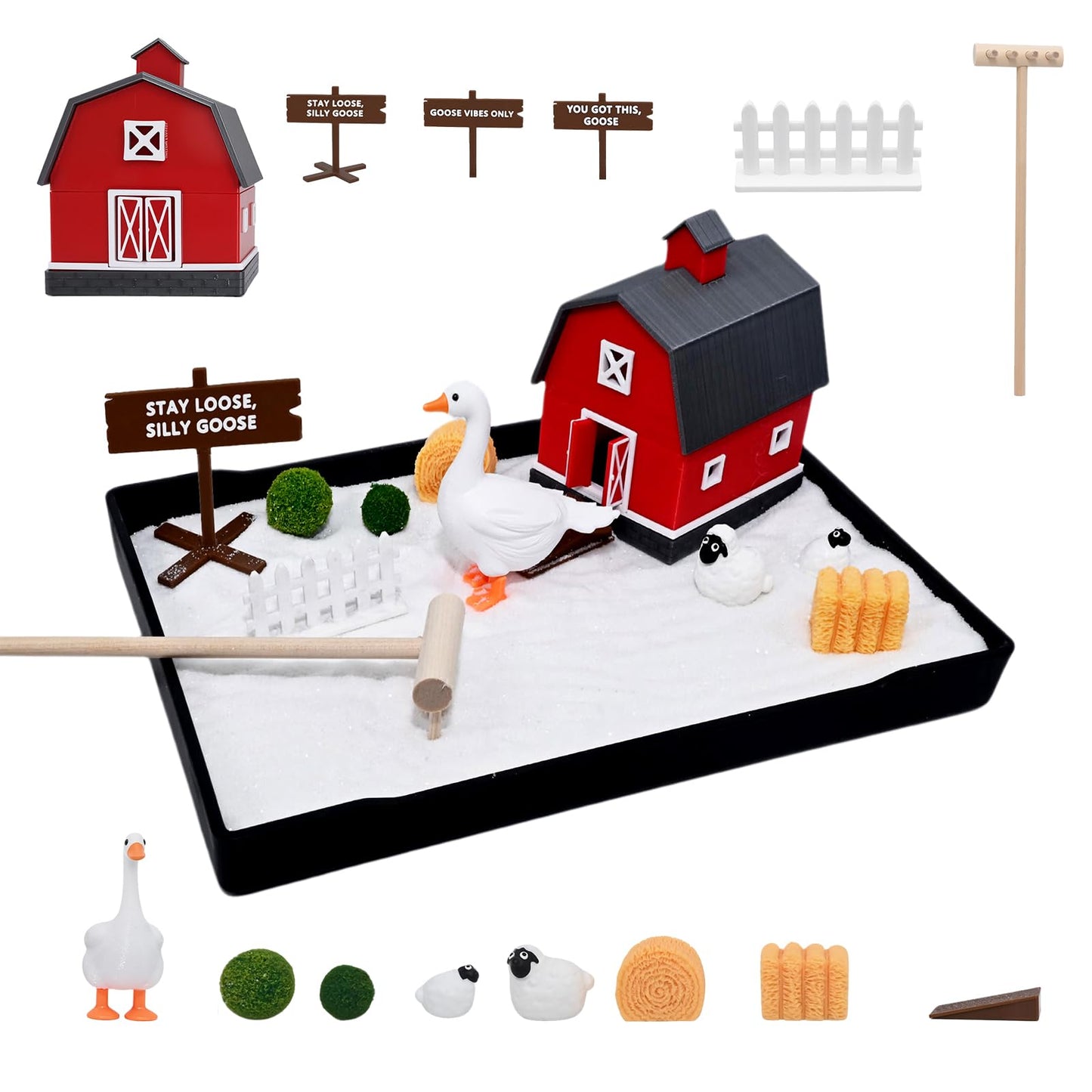 CMLDGIA Goose Mini Zen Garden Kit Decorative Sand Tray Decor with Desk Goose, Barn & Interchangeable Signs Stress Relief Office Sandbox Accessories