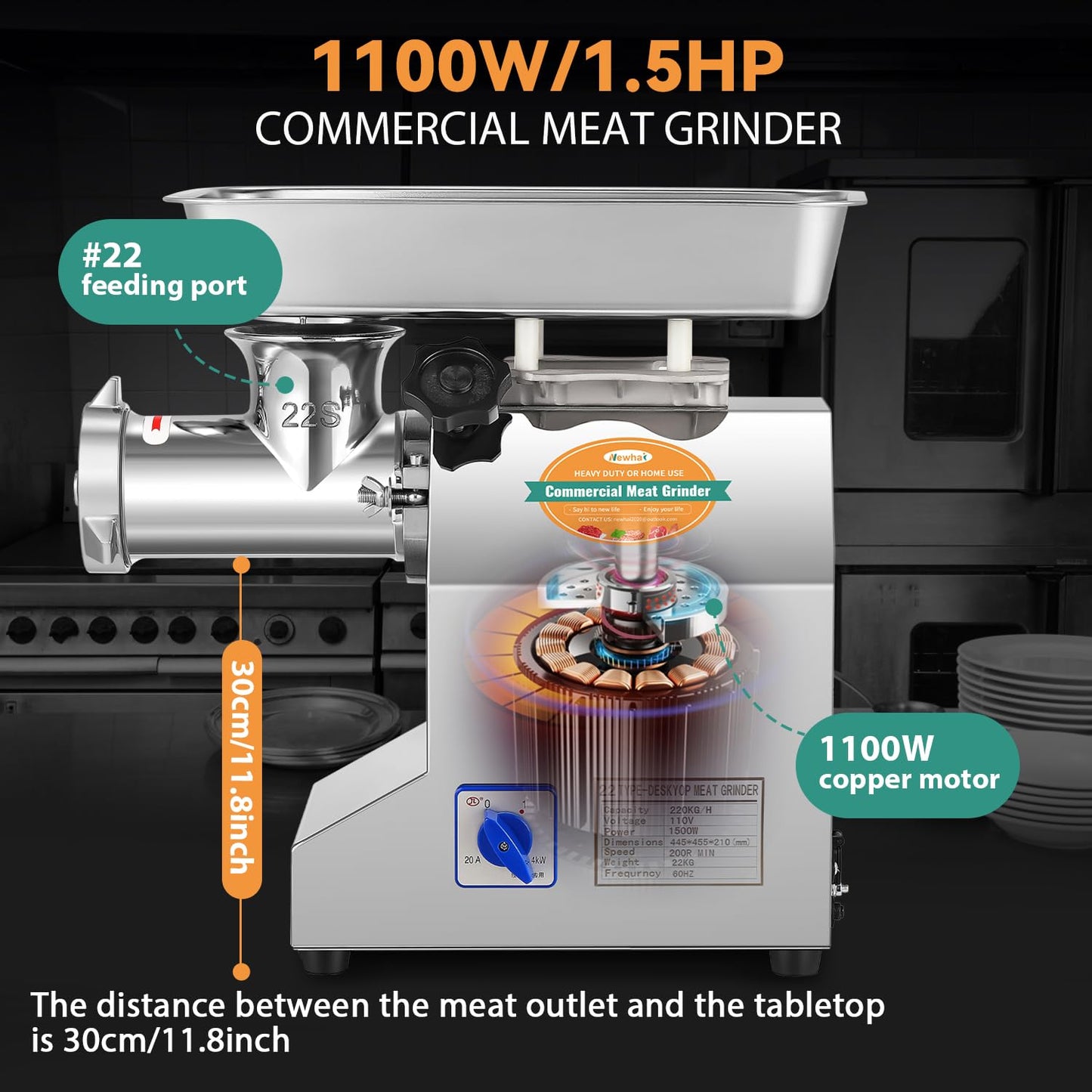 Newhai 1.5HP Commercial Meat Grinder #22 Heavy Duty Meat Grinding Machine 1100W Meat Mincer with 3/6/8mm Grinding Plates 110V US for Beef Pork Chicken Soft Bone