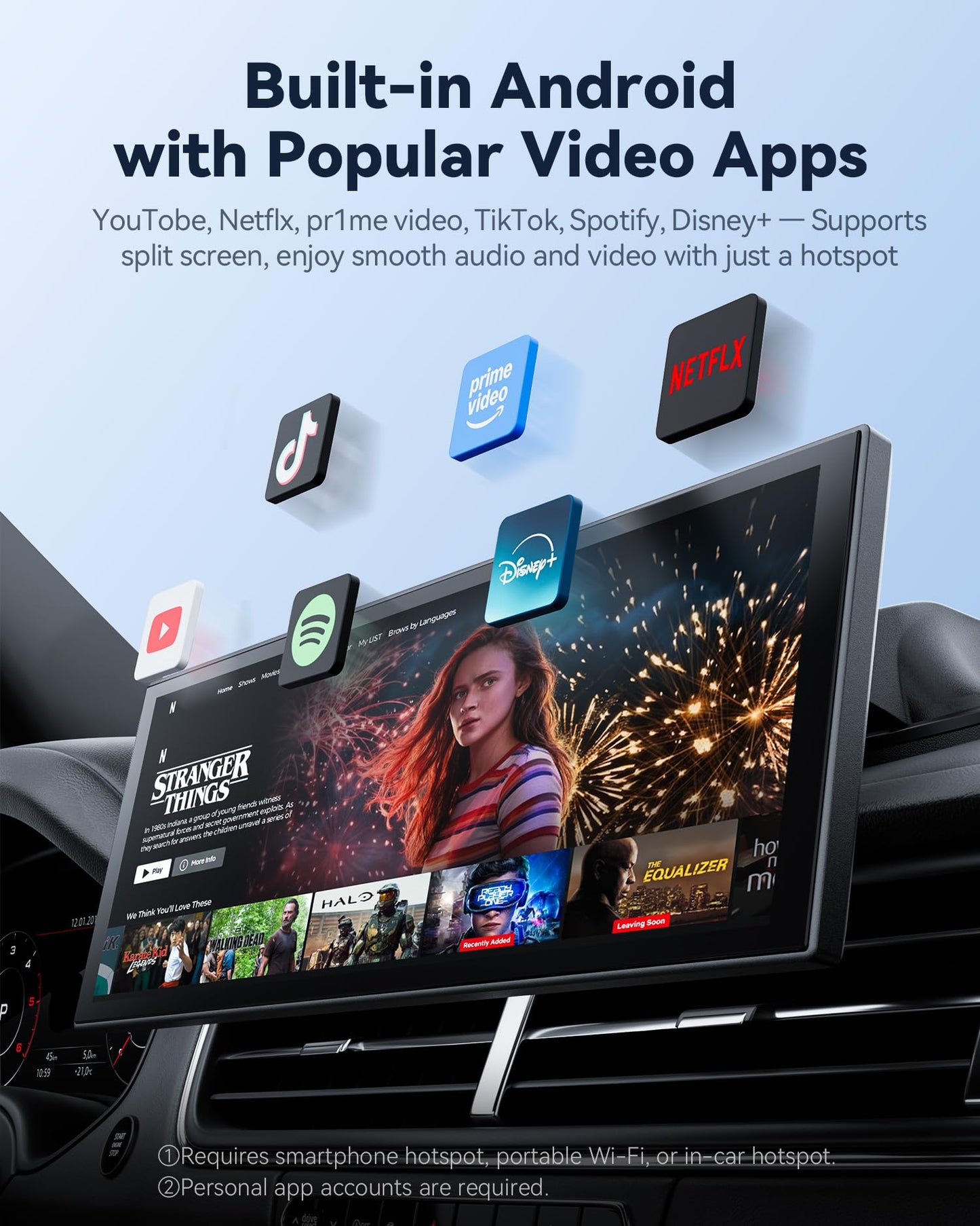 10.26“ Carplay Screen for Car with Net-Flix YouTube, Portable 60FPS Wireless Car Play Tablet for Apple CarPlay & Android Auto, 1080P Backup Camera, OTA, Dual Bluetooth, Voice Control, Navigation