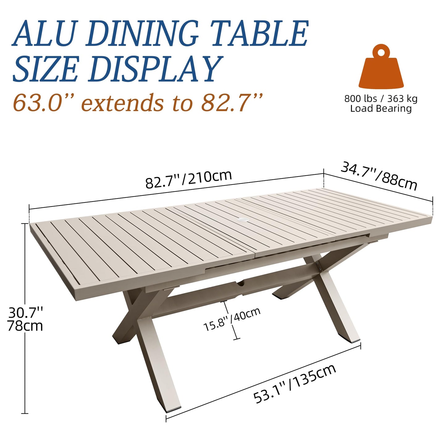 Vmopu 83'' × 32'' Extendable Outdoor Dining Table for 6-8, Aluminum Frame with Umbrella Hole for Patio, Garden, Backyard, Deck, Poolside (Milk Coffee)