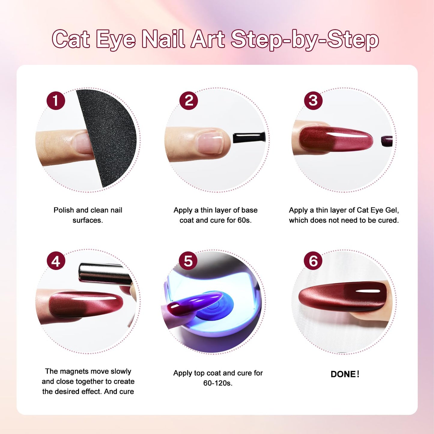 JODSONE Cat Eye Gel Nail Polish Set Red Brown Collection 6 Colors for Holographic Glitter Cat Eye with Magnet Gift for Girls at Home Salon Design