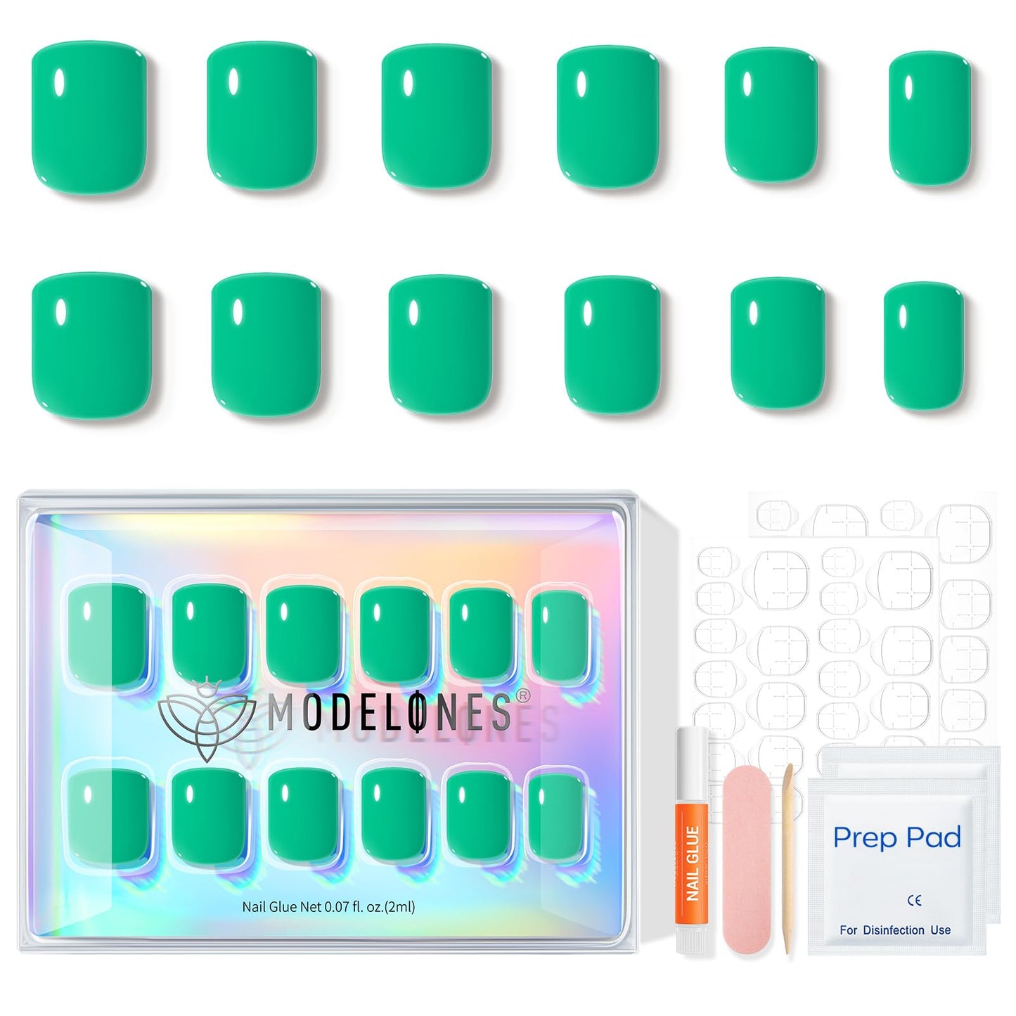 Modelones Extra Short Press on Nails, Vivid Green Squoval Fake Nails, Reusable Nail Kit with Nail Glue Adhesive Tabs Mini Nail File, Nails Press Ons 32Pcs 16 Sizes, Spring Women Girl Gift