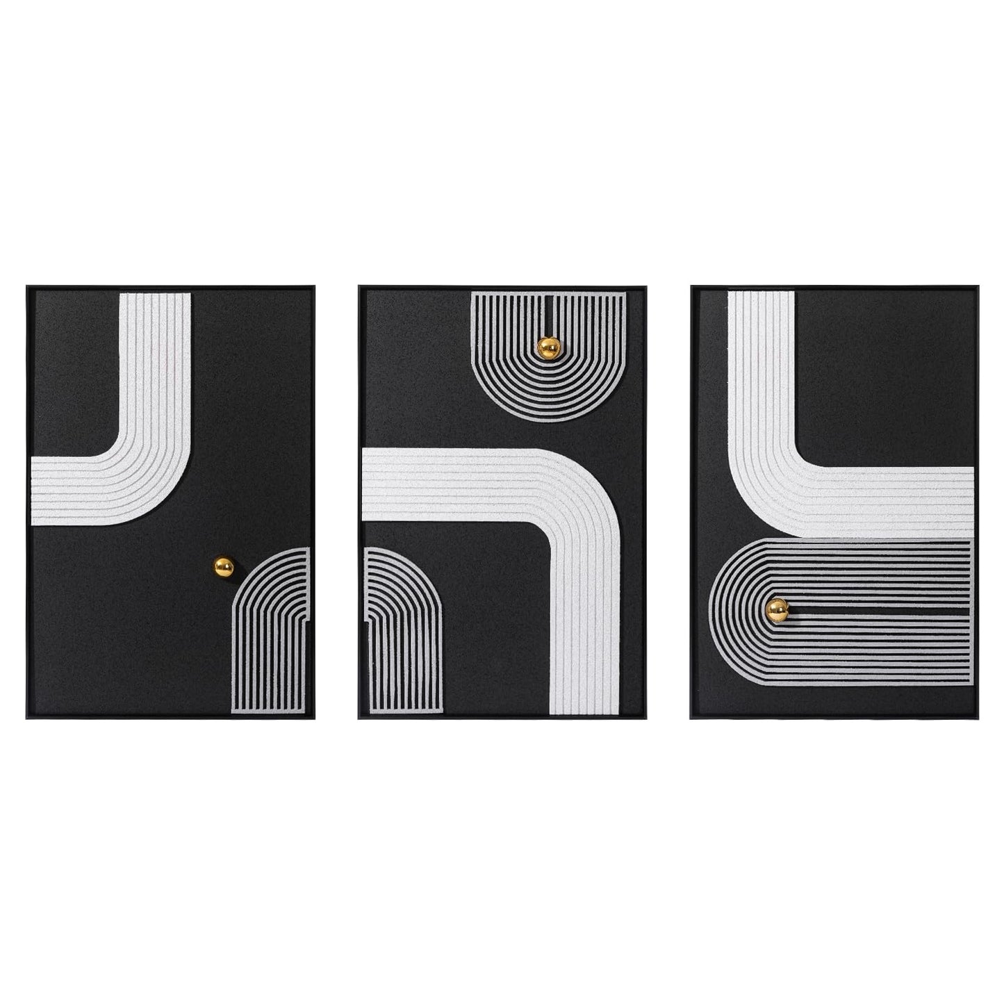 AMAATE 3 Pieces 3D Sandstone Wall Art, Black Metal Framed Abstract Geometric Wall Decor with Gold Spheres, Black White Texture Luxury Relief Paintings for Living Room Bedroom Office, 16x24 Inches, Ready to Hang