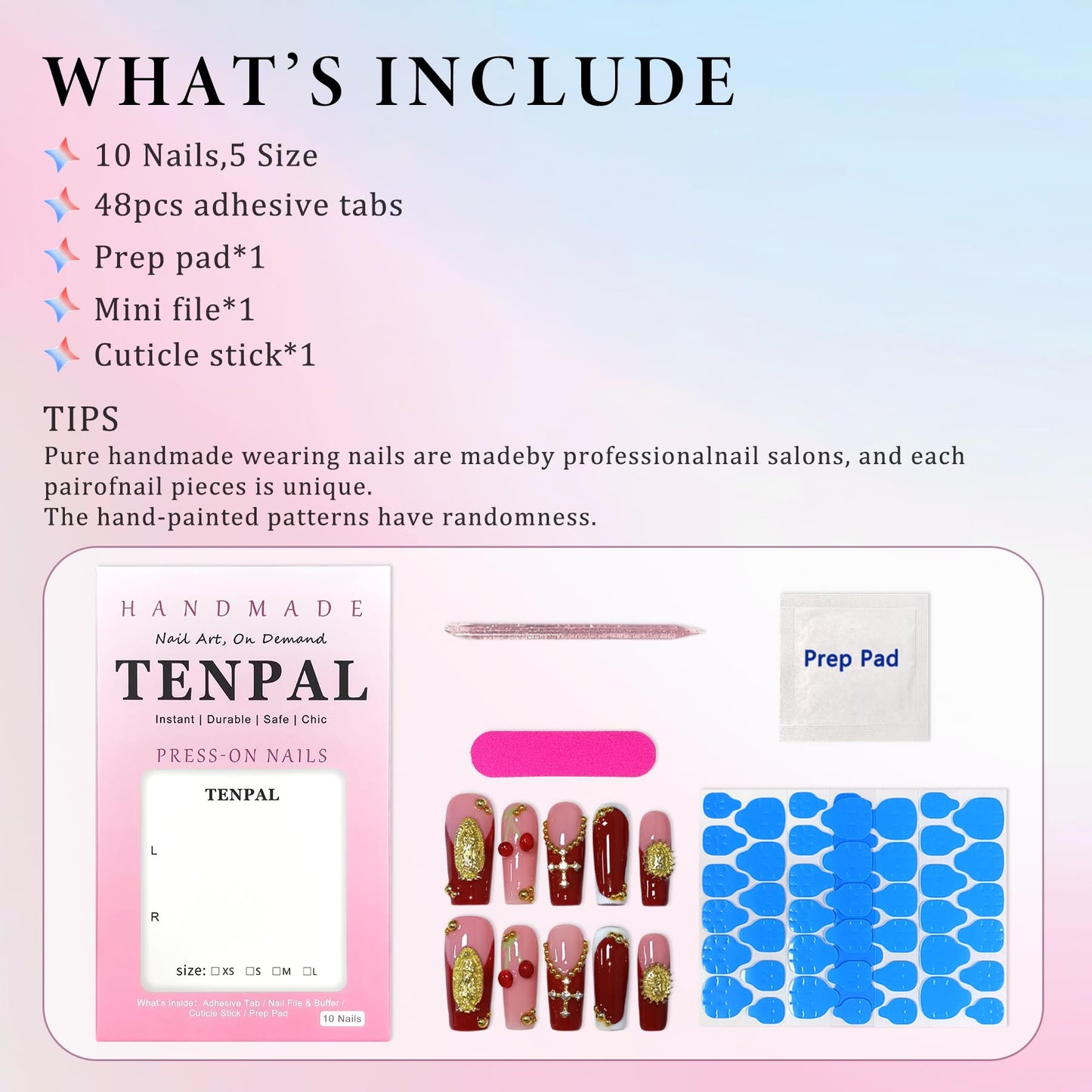 TENPAL Burgundy French Press on Nails Long Square,3D Embossed Cross Design Luxury False Nails for Wedding Party,Elegant Gothic Glue on Nails for Women Girls(L)