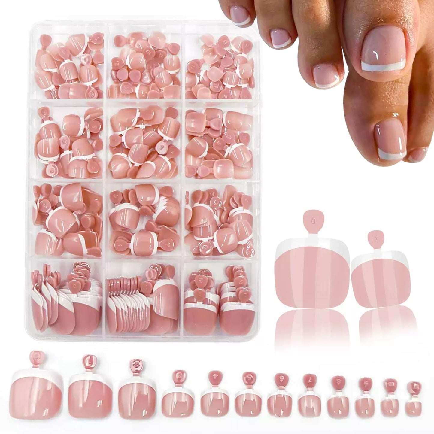 French Tips Press On Toenails Short Square Fake Toenails White French Tip Design Stick on Toenails Pink False Toe Nails Glossy Handmade Acrylic Glue on Toe Nails for Women Nails Art Decoration 240Pcs