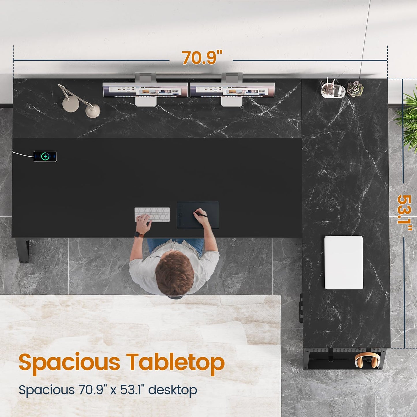 71 in Executive Desk with Power Outlets, Reversible L Shaped Desk with File Drawers & Storage Shelves, Large Office Desk Computer Desk with Pegboard, Mobile CPU Stand, Modern Corner Desk (Black)