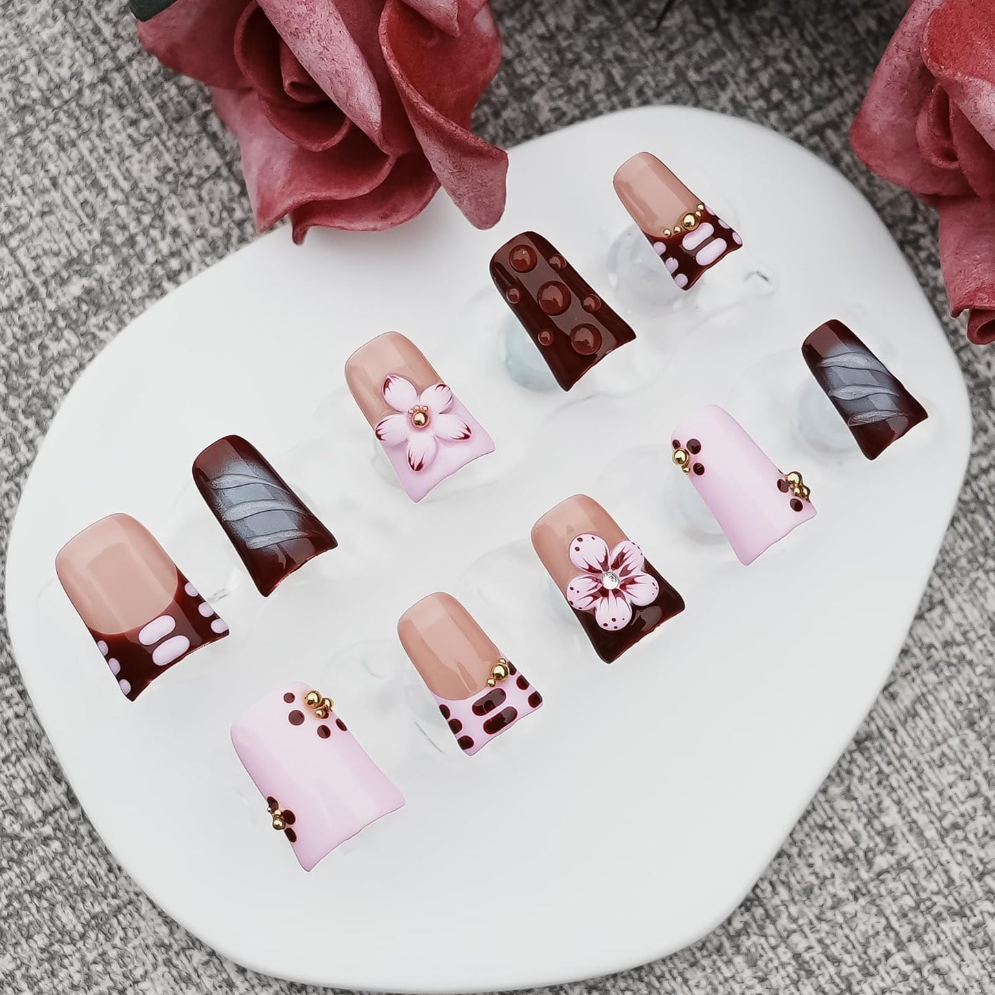 Tesytto Handmade Press on Nails Short Duck - Burgundy Nude Pink Ombre French Tip with 3D Cherry Flower & Y2K Gold Beads, Summer Reusable Acrylic Full Cover (Blush Mauve Flower Waltz, L)