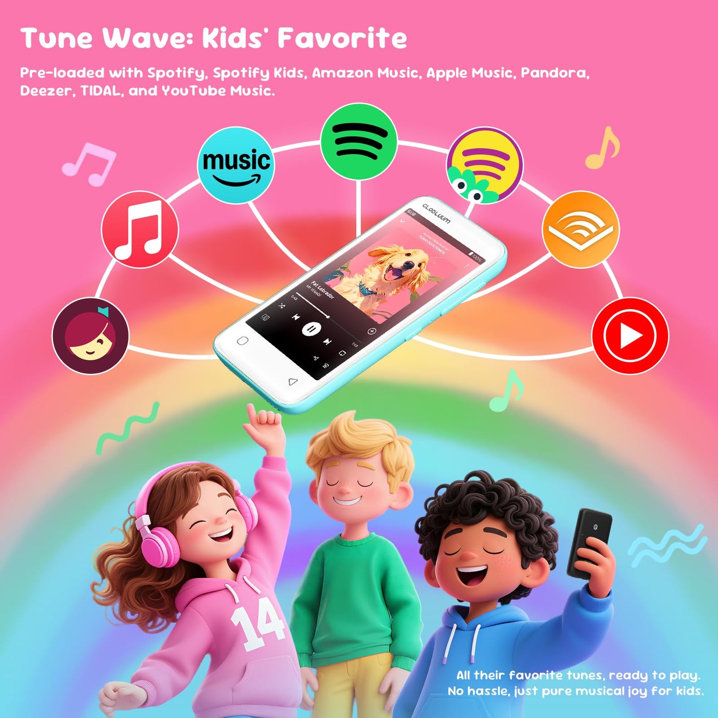 Globluum 80GB MP3 Player for Kids, Parental Controls, Supports Spotify Kids, Audible, LibriVox, Amazon Music and Kindle:Safe Android MP4 Player Gift with 4" Touchscreen, WiFi and Bluetooth(Blue)