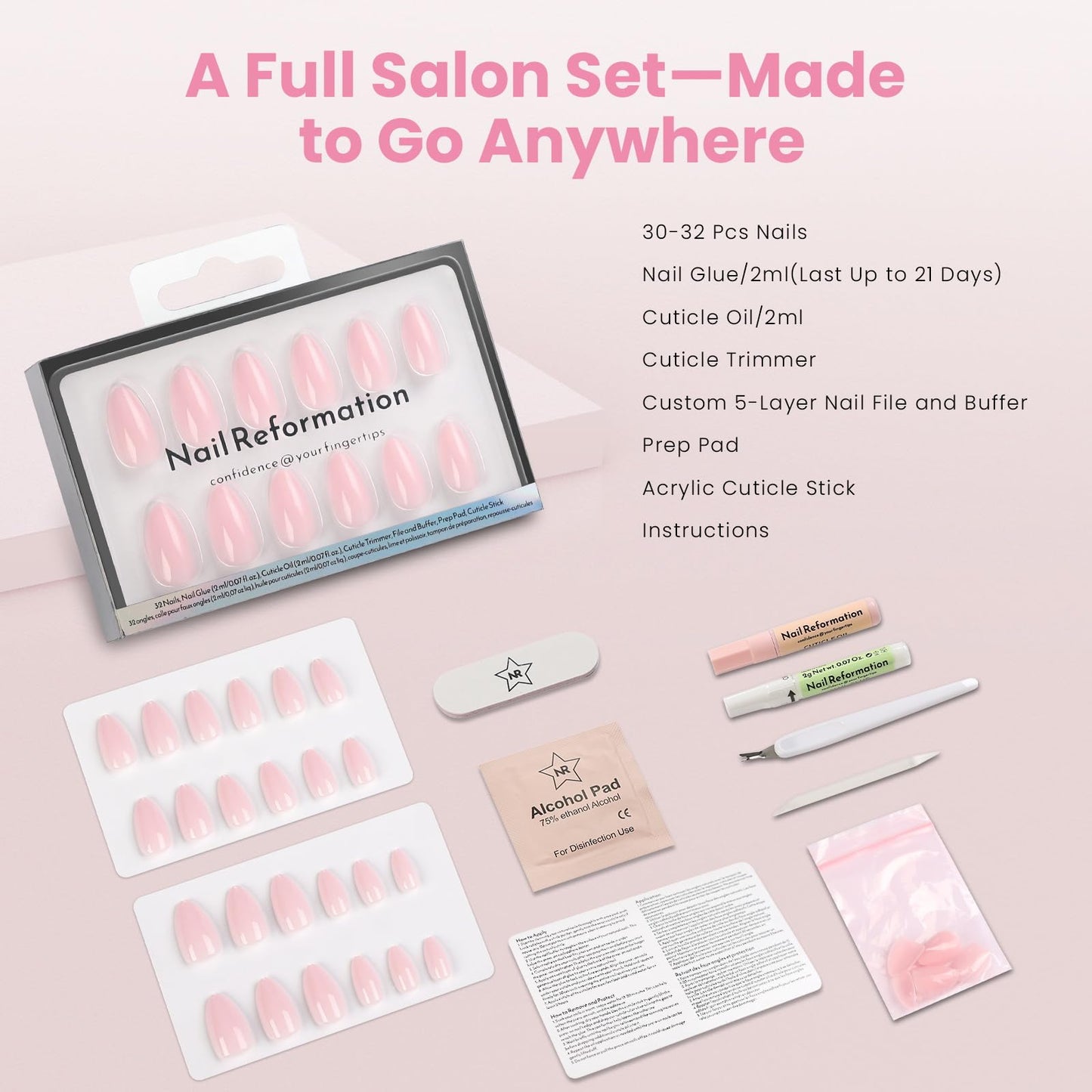 Nail Reformation Press On Nails, Soft Pink Short Almond Fake Nails in Glossy Finish, Salon Quality, Natural Reusable Opaque Stick On Nails in 16 Sizes - 32 Nail Kit with Glue, Manicure Gifts for Women