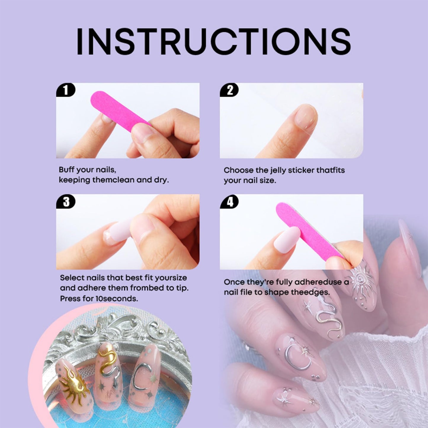 24Pcs 3D Snake Press on Nails Gold Sun Gel Glue on Fingernails Moon Medium Almond Fake Nails Glossy Silver Glitter Stick on Nail Acrylic Full Cover False Nail for Holiday Manicure Art