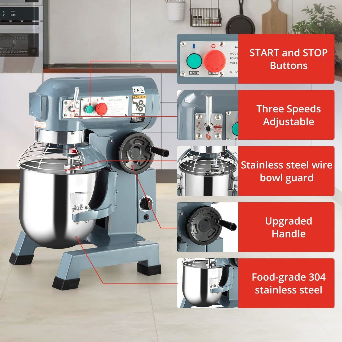 Commercial Food Mixer 15QT 600W 110V 3 Speeds Adjustable, Stand Mixer Dough Kneading Machine with Stainless Steel Bowl Dough Hooks Whisk Beater, With Safety Guard for Bakeries Restaurants Pizzerias
