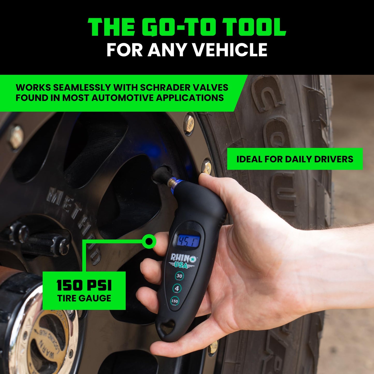 Rhino USA Digital Tire Pressure Gauge 150 PSI, 4 Ranges, Ergonomic Design w/Lighted Nozzle & LCD Backlit Display - Certified Accurate Readings, Best Digital Gage (Black)