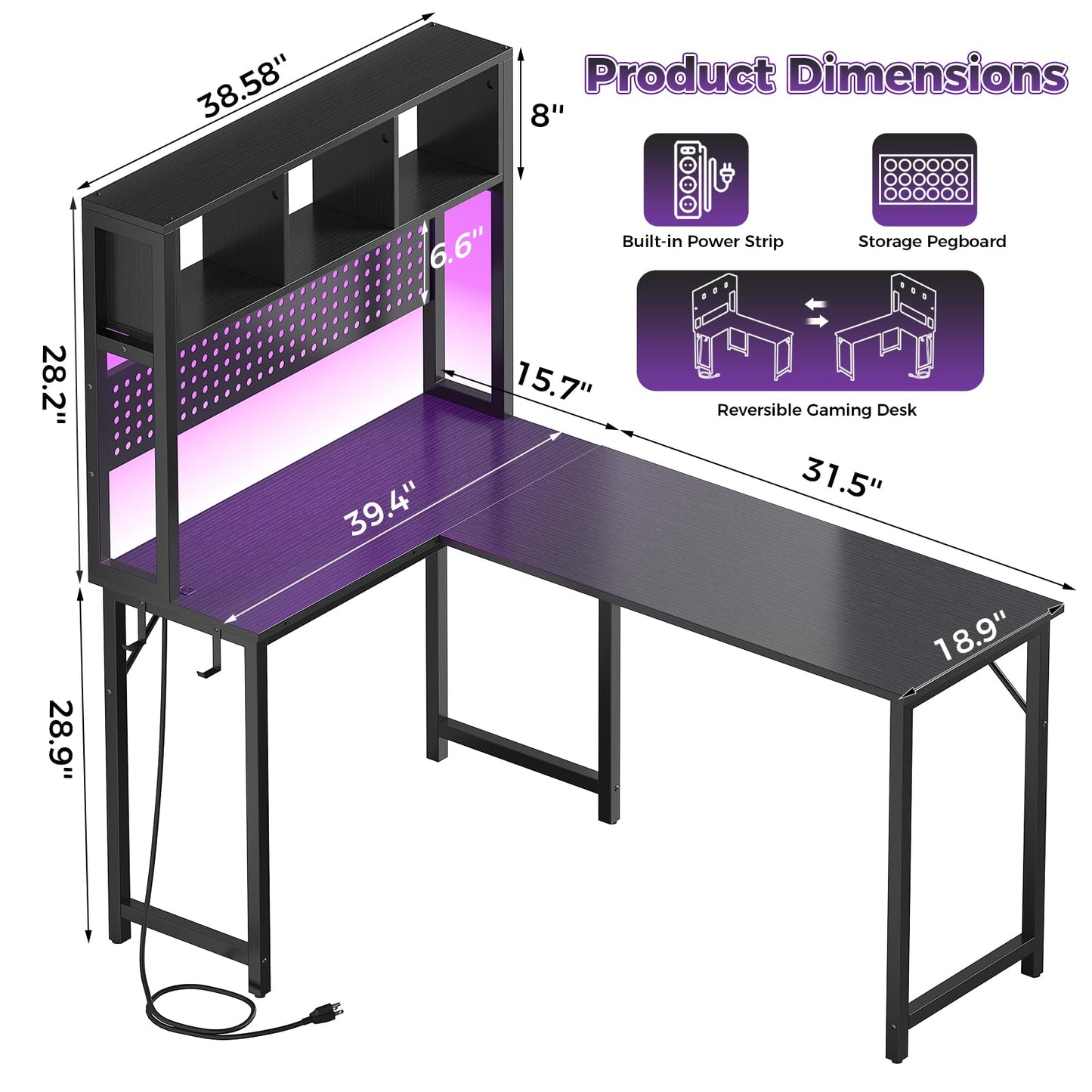 Small Black L Shaped Gaming Desk with Hutch , 47 Inch Corner Gaming Desk with Storage Shelves for Bedroom Small Space, Reversible L-Shaped Computer PC Desks with Pegboard LED Light for Kids Boys Girls