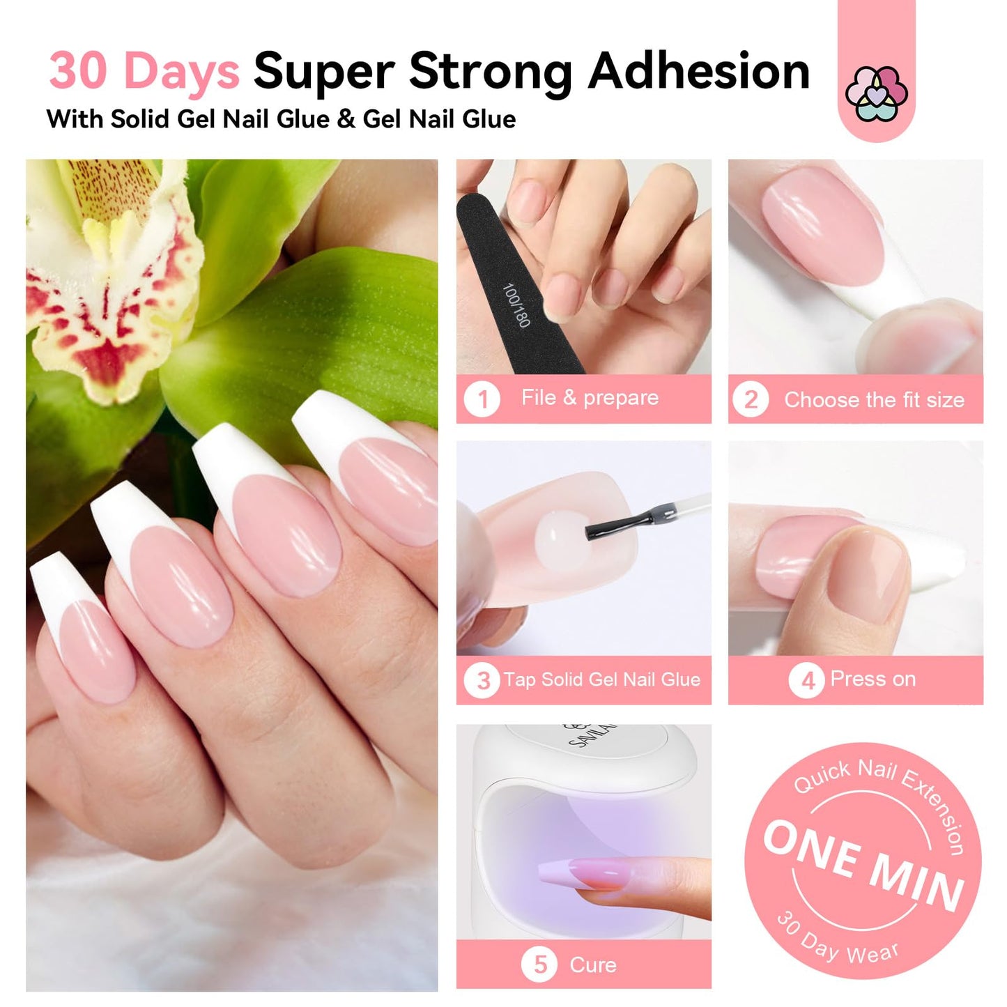 SAVILAND Gel Nail X Kit with Everything: 16 Sizes French Tips Press On Nail Kit with Drill Coffin Tips Soft Gel Fake Nails with Solid Glue Gels U V Lamp Gels Glue French Tip Tool Home