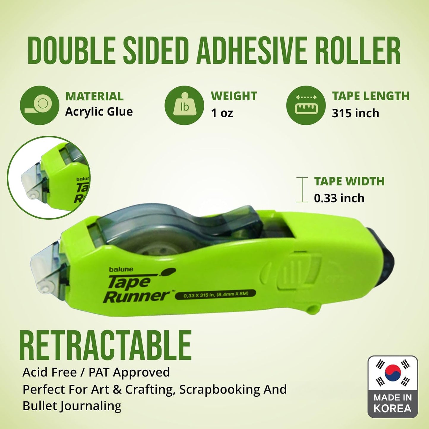 TAPE RUNNER - Double Sided Adhesive with Dispenser Roller Included - Acid Free, Sticky, Transparent - Ideal for Scrapbooking, Crafts & More - Retractable (315 inches per Cartridge), 5 Cartridges