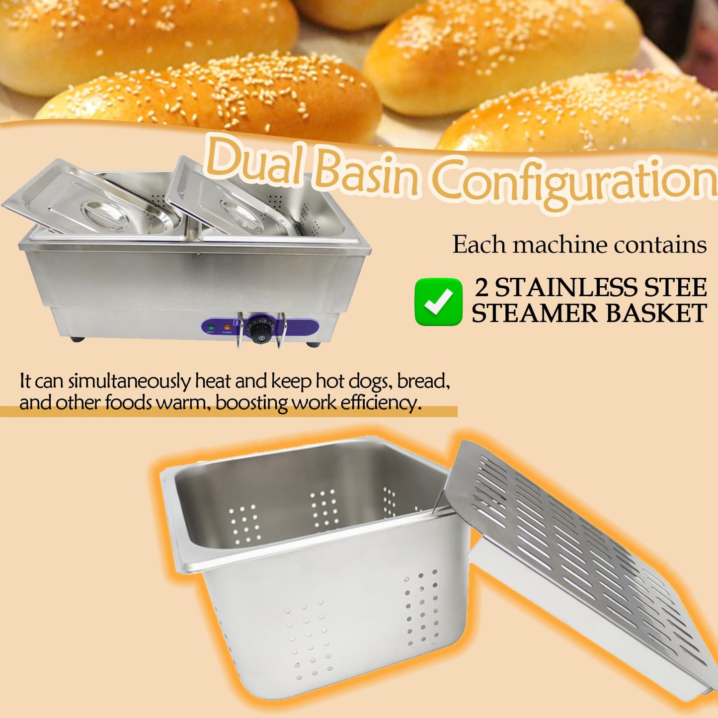 Maisutseb 110V Commercial Hot Dog Steamer & Bun Warmer Steamer for hypermarket Food Industry with 2 Sets of Stainless Steel Basin