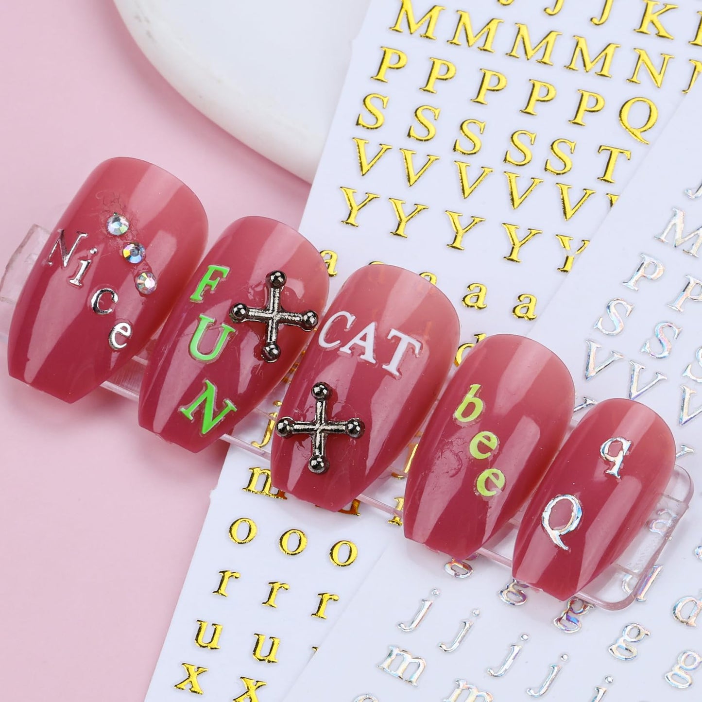 12 Sheets Alphabet Nail Art Stickers 3D Black White Gold Self-Adhesive Letter Nail Decals Large Small English Manicure Accessories for Women Girls DIY Design