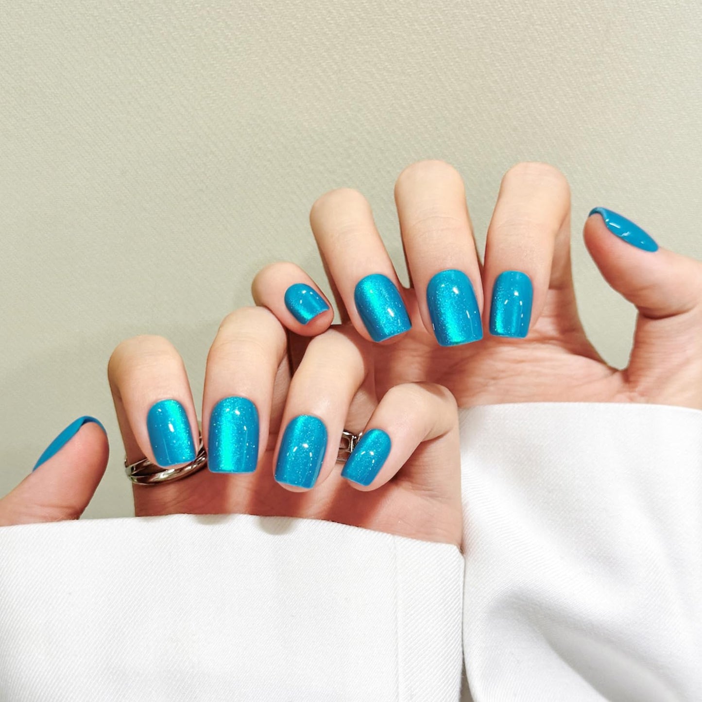 Lake Blue Cat Eyes Press On Nails,12 Sizes - 24 Pcs Soft Gel Blue Short Squoval Fake Nails Kit with Nail Glue, Natural Reusable Stick On False Nails for Women and Girls SK1062