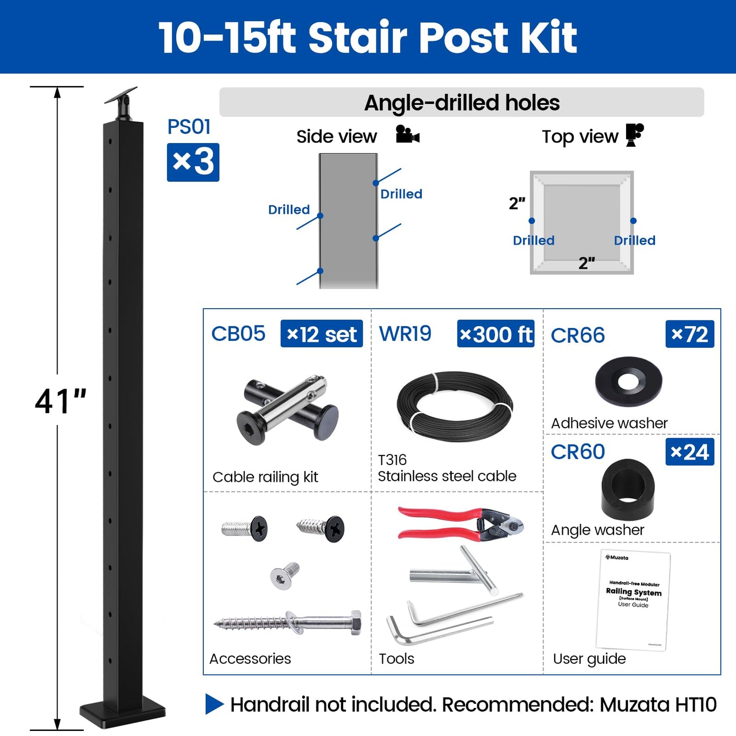 Muzata 10-15FT Modular Black Cable Railing Kit 42 Inch 3 Stair Post Kit Complete Set Cable Railing System for Stairs Length Adjustable Easy DIY with Paper User Guide (No Handrail) RWS1 BA4L