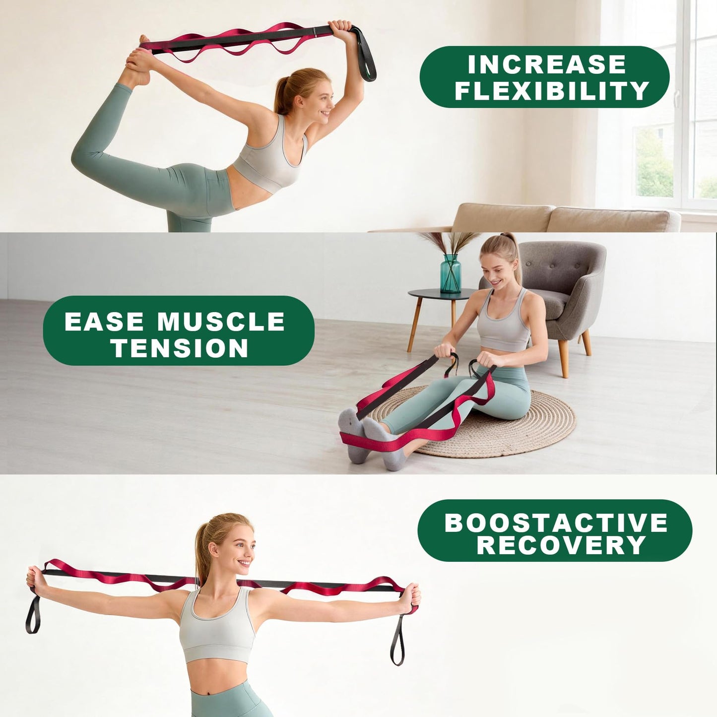 Acozycoo Stretching Strap with 10 Loops – Non-Elastic Yoga Strap for Physical Therapy, Knee Replacement Recovery & Plantar Fasciitis – Leg Stretcher Band for Flexibility & Hamstring Rehab(Red)