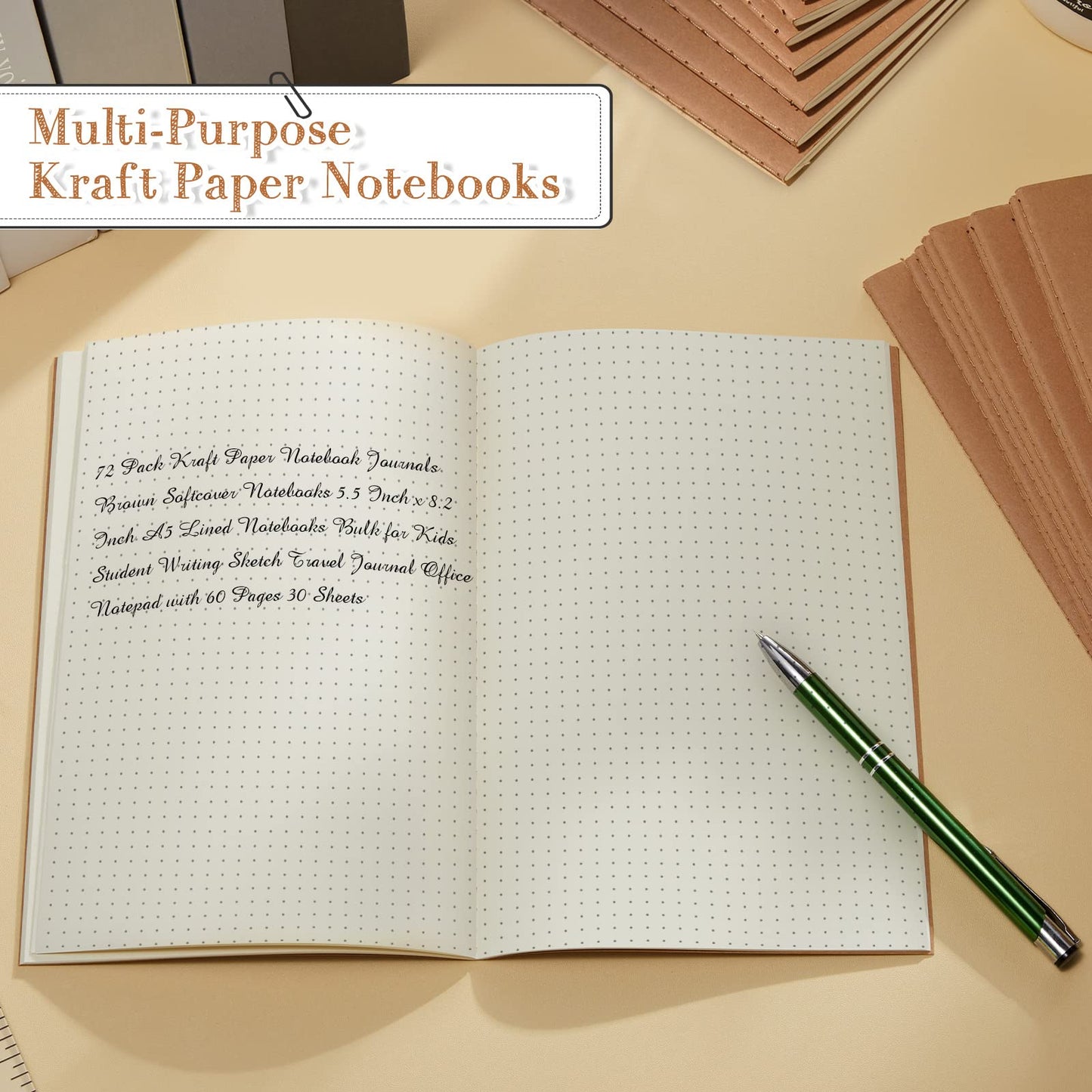 Sabary 72 Pack Kraft Paper Notebook Journals 5.5 Inch x 8.3 Inch A5 Notebook in Bulk Softcover Ruled for Writing Sketch Travel Journal with 60 Pages 30 Sheets(Brown,Dot Grid)